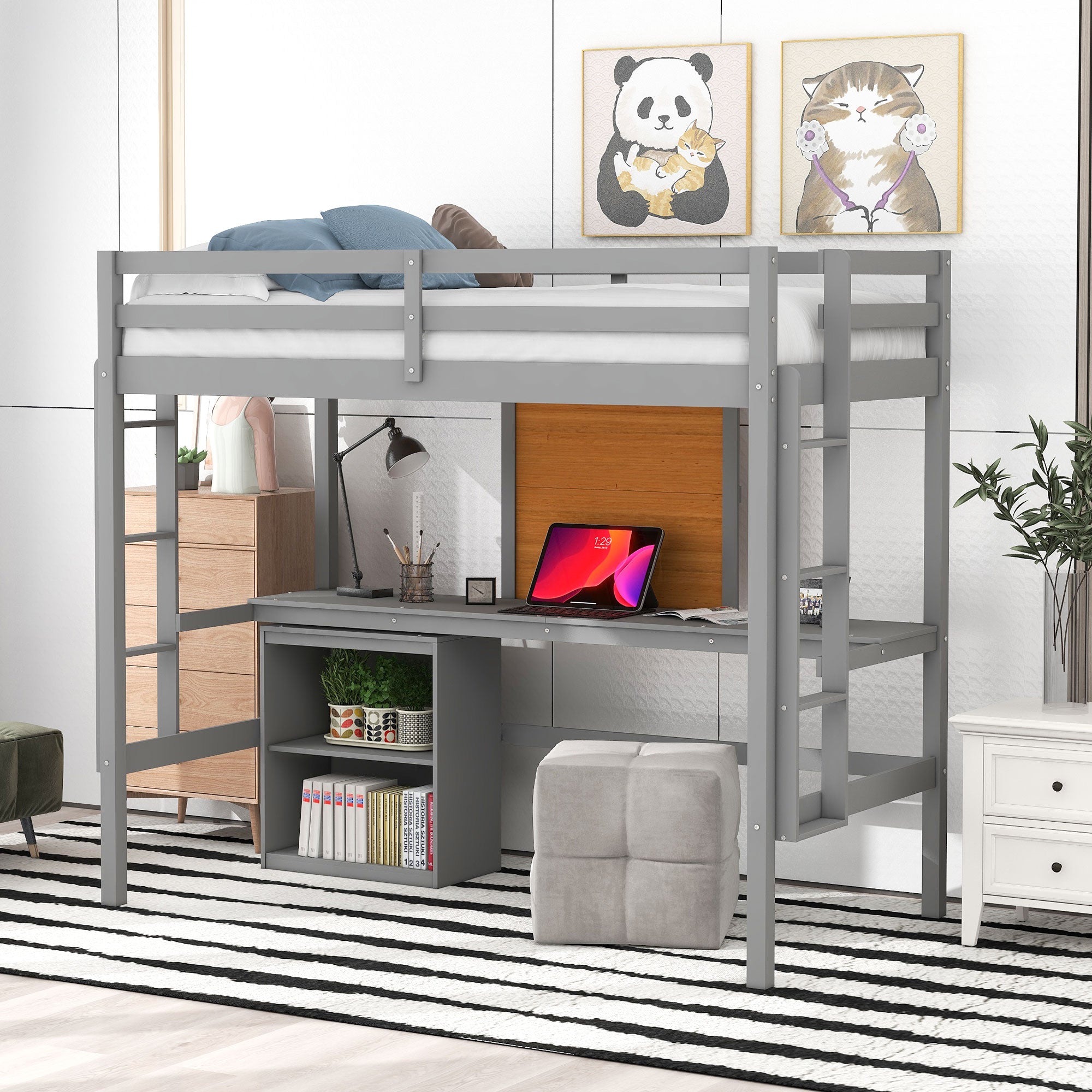 Royard Oaktree Loft Bed with Built-in Desk and Writing Board Wooden Loft Bed Frame with Desk & 2 Shelves Cabinet