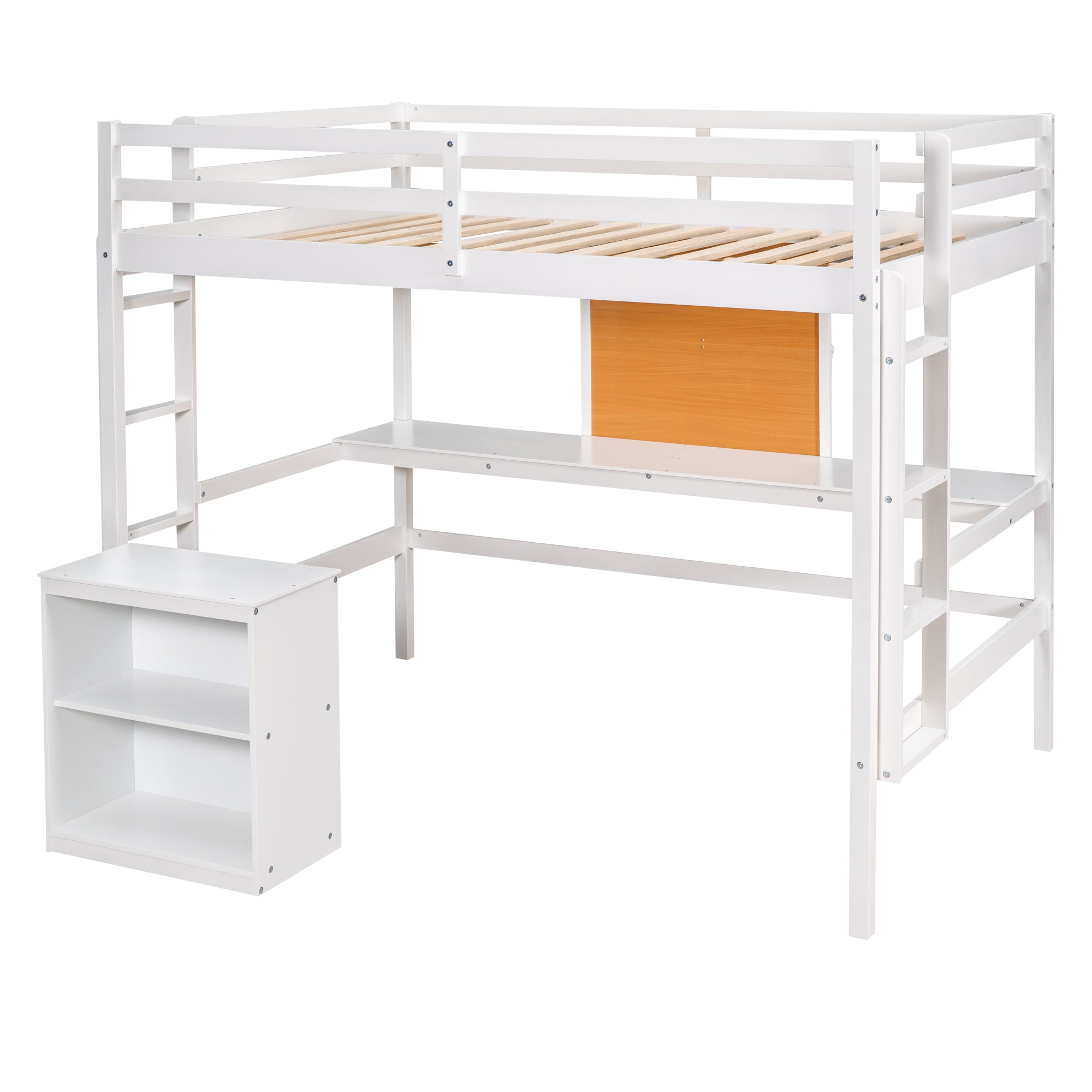 Royard Oaktree Loft Bed with Built-in Desk and Writing Board Wooden Loft Bed Frame with Desk & 2 Shelves Cabinet