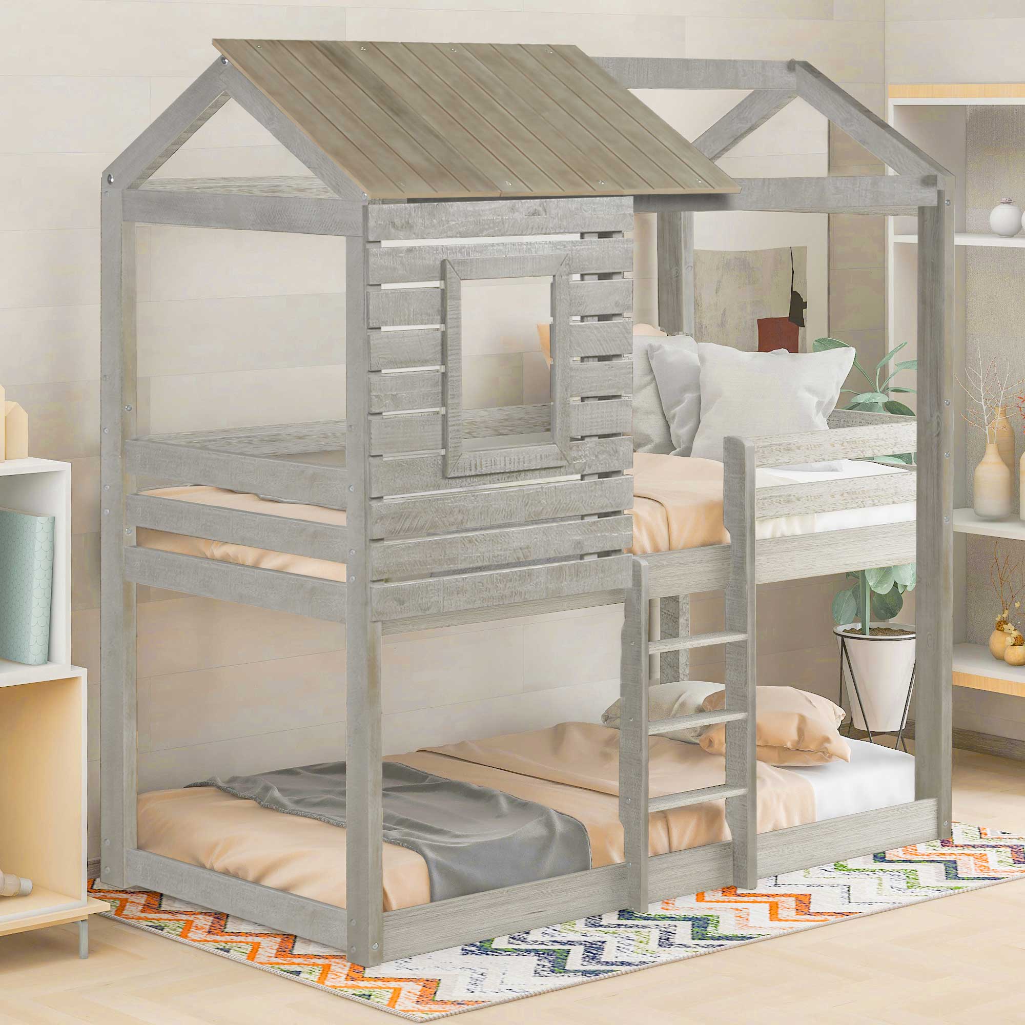 Royard Oaktree Twin Over Twin House Bunk Bed Wood Bed Frame with Roof and Window Modern Low Bunk Bed with Guardrail and Ladder