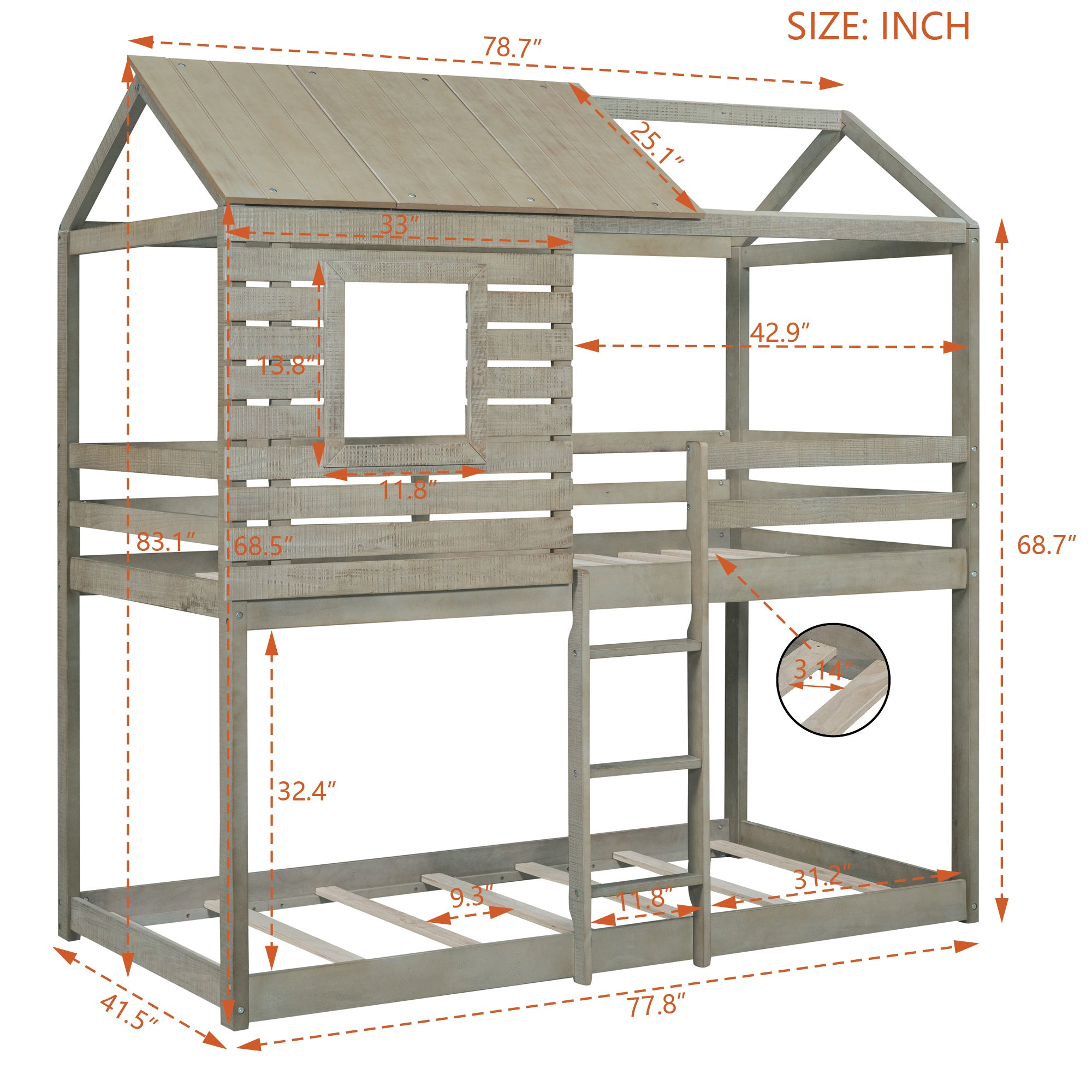 Royard Oaktree Twin Over Twin House Bunk Bed Wood Bed Frame with Roof and Window Modern Low Bunk Bed with Guardrail and Ladder