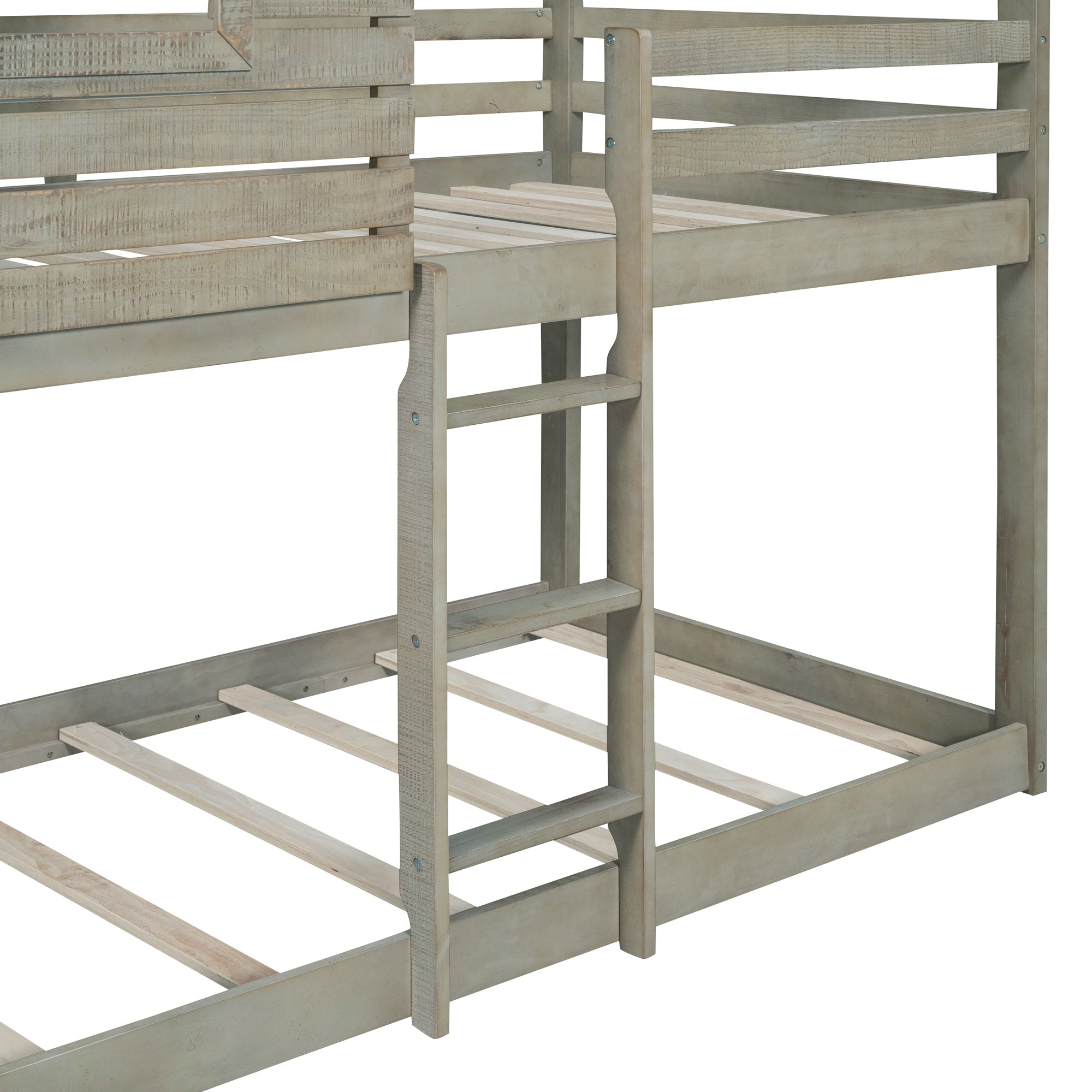 Royard Oaktree Twin Over Twin House Bunk Bed Wood Bed Frame with Roof and Window Modern Low Bunk Bed with Guardrail and Ladder