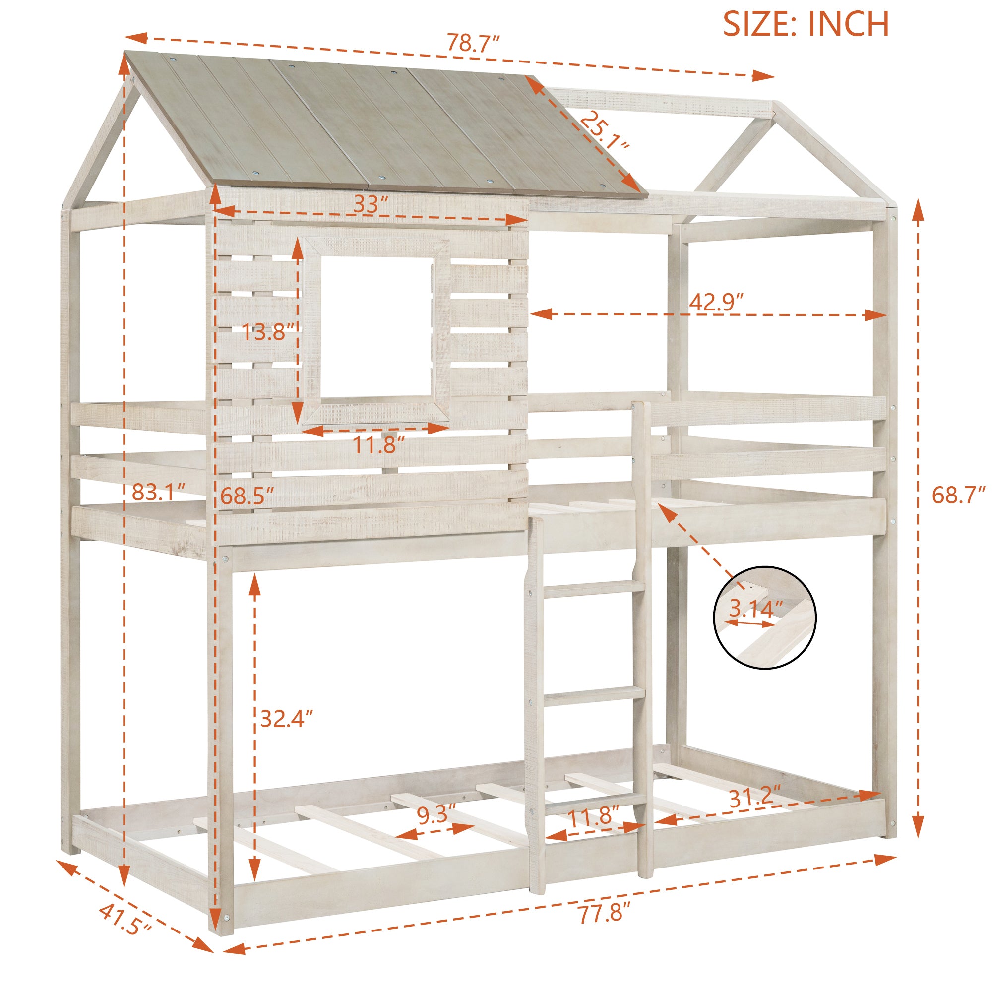 Royard Oaktree Twin Over Twin House Bunk Bed Wood Bed Frame with Roof and Window Modern Low Bunk Bed with Guardrail and Ladder