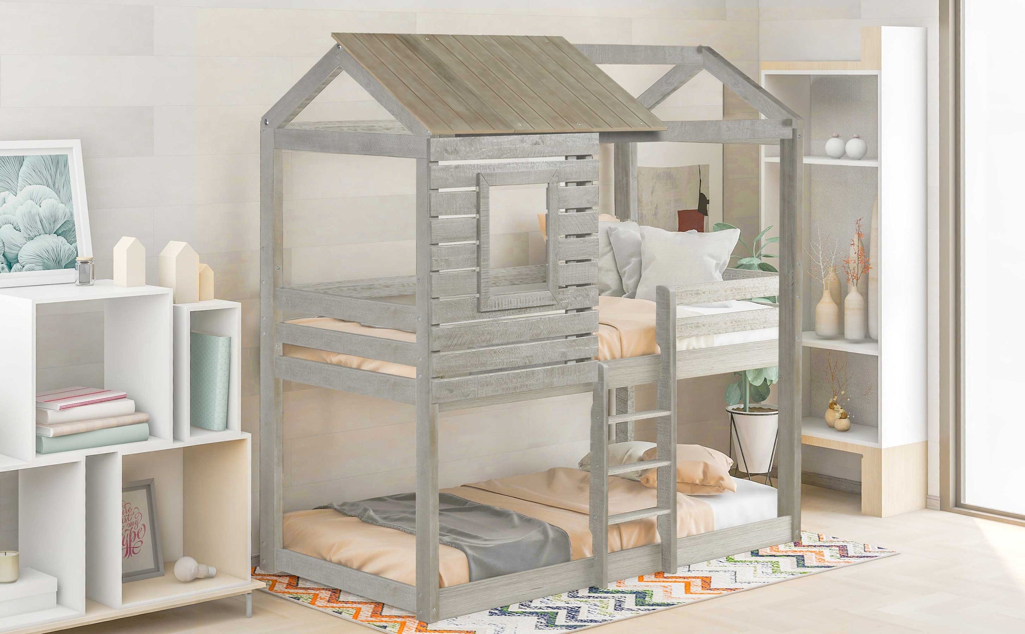 Royard Oaktree Twin Over Twin House Bunk Bed Wood Bed Frame with Roof and Window Modern Low Bunk Bed with Guardrail and Ladder