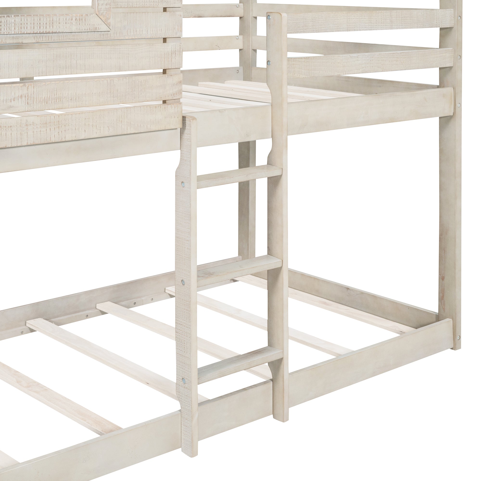 Royard Oaktree Twin Over Twin House Bunk Bed Wood Bed Frame with Roof and Window Modern Low Bunk Bed with Guardrail and Ladder