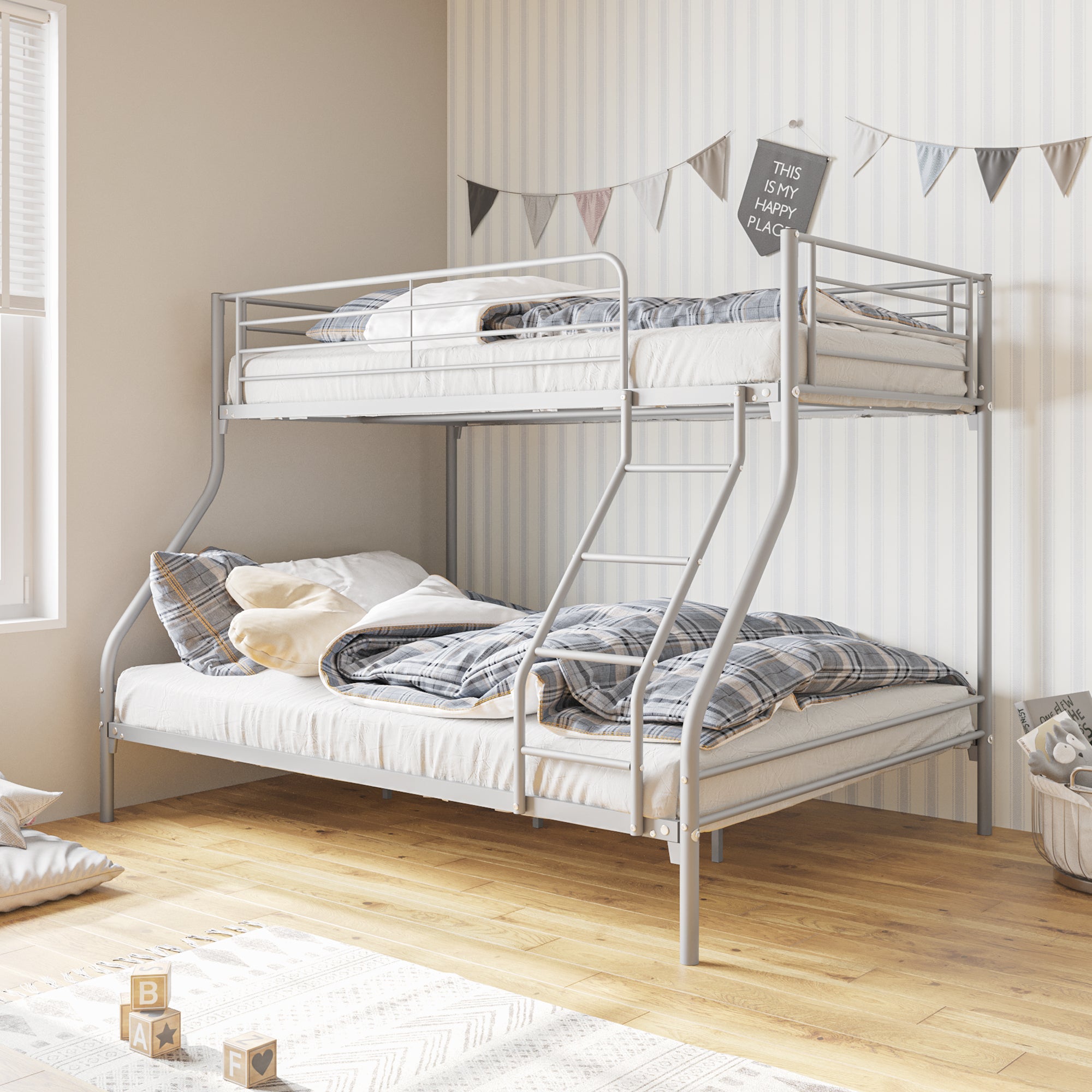 Royard Oaktree Twin-Over-Full Metal Bunk Bed, Heavy Duty Bunk Bed Frame with Enhanced Upper-Level Guardrail