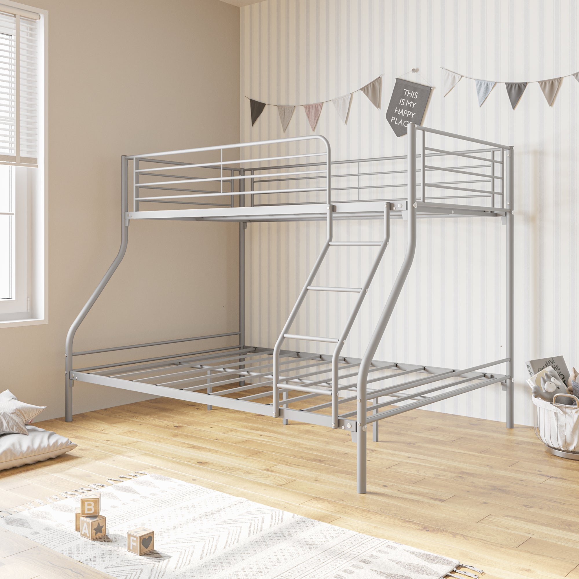 Royard Oaktree Twin-Over-Full Metal Bunk Bed, Heavy Duty Bunk Bed Frame with Enhanced Upper-Level Guardrail