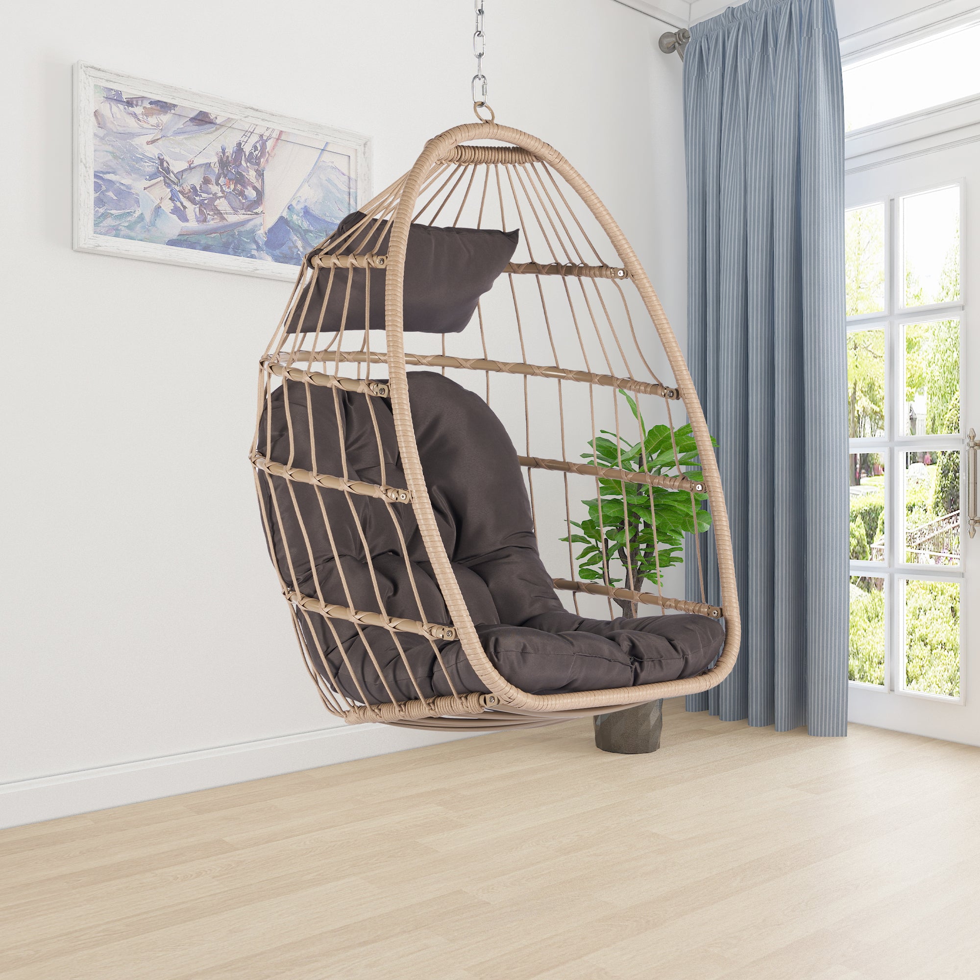 Royard Oaktree Hanging Egg Chair, Indoor/Outdoor Wicker Swing Chairs with Cushion Headrest, Basket Hammock Chairs with Hanging Kit Chain for Bedroom Balcony, Without Stand