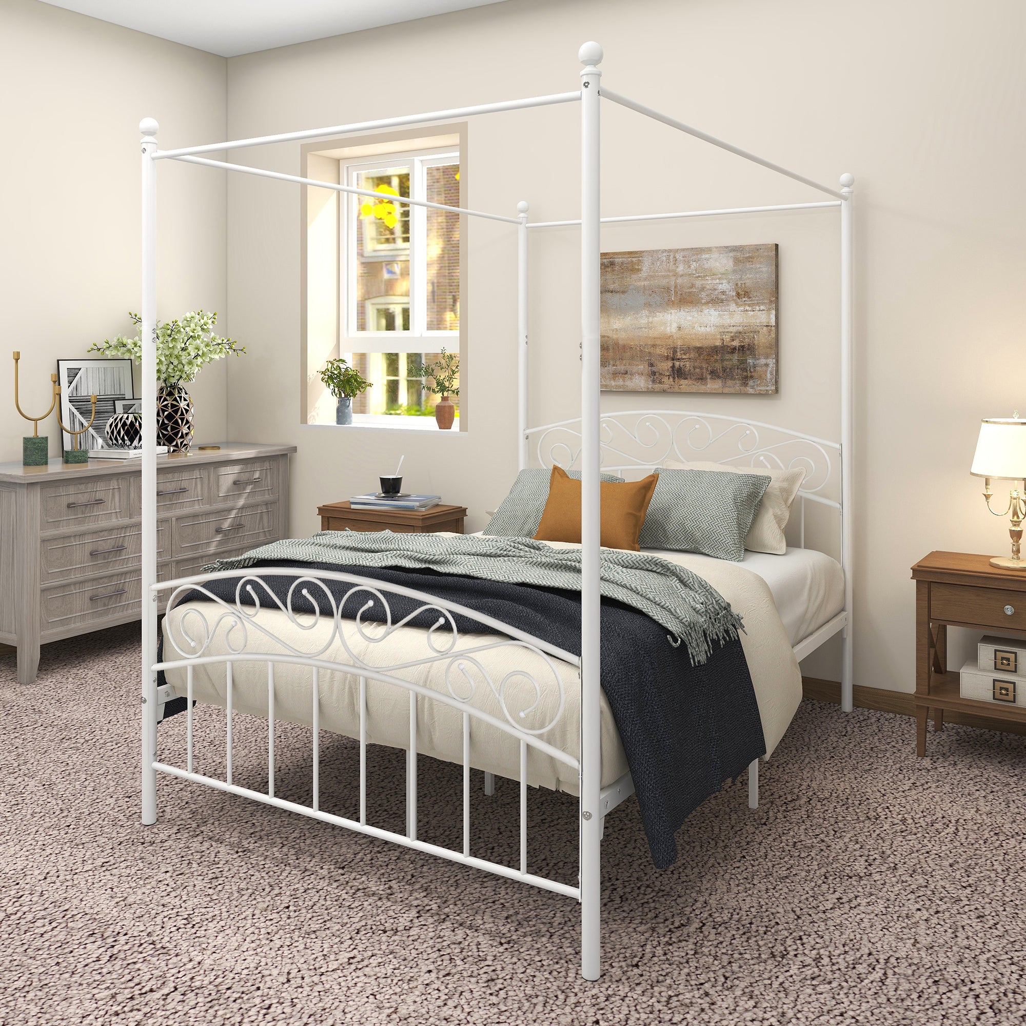 Royard Oaktree Full Size Metal Canopy Bed Frame with Ornate European Style Headboard & Footboard Sturdy Steel H/Under-Bed Storage Space/No Box Spring Needed/White