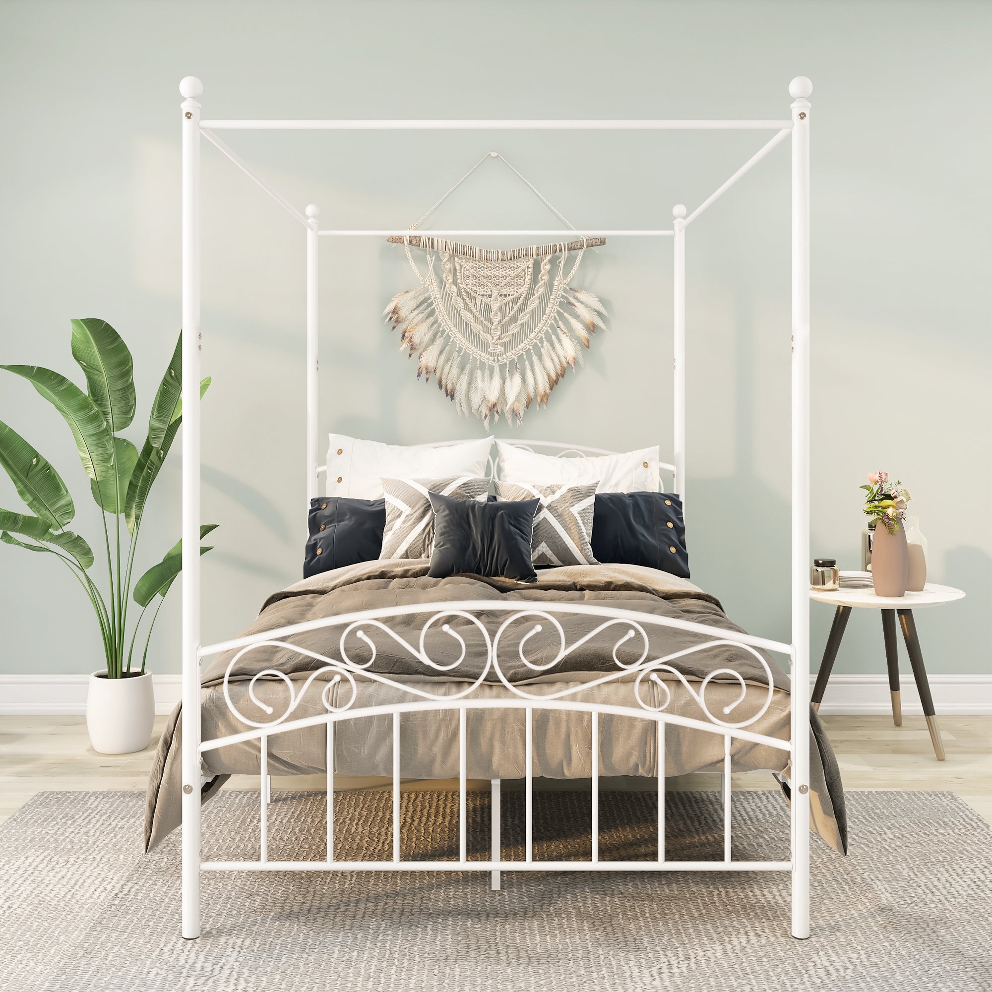 Royard Oaktree Full Size Metal Canopy Bed Frame with Ornate European Style Headboard & Footboard Sturdy Steel H/Under-Bed Storage Space/No Box Spring Needed/White