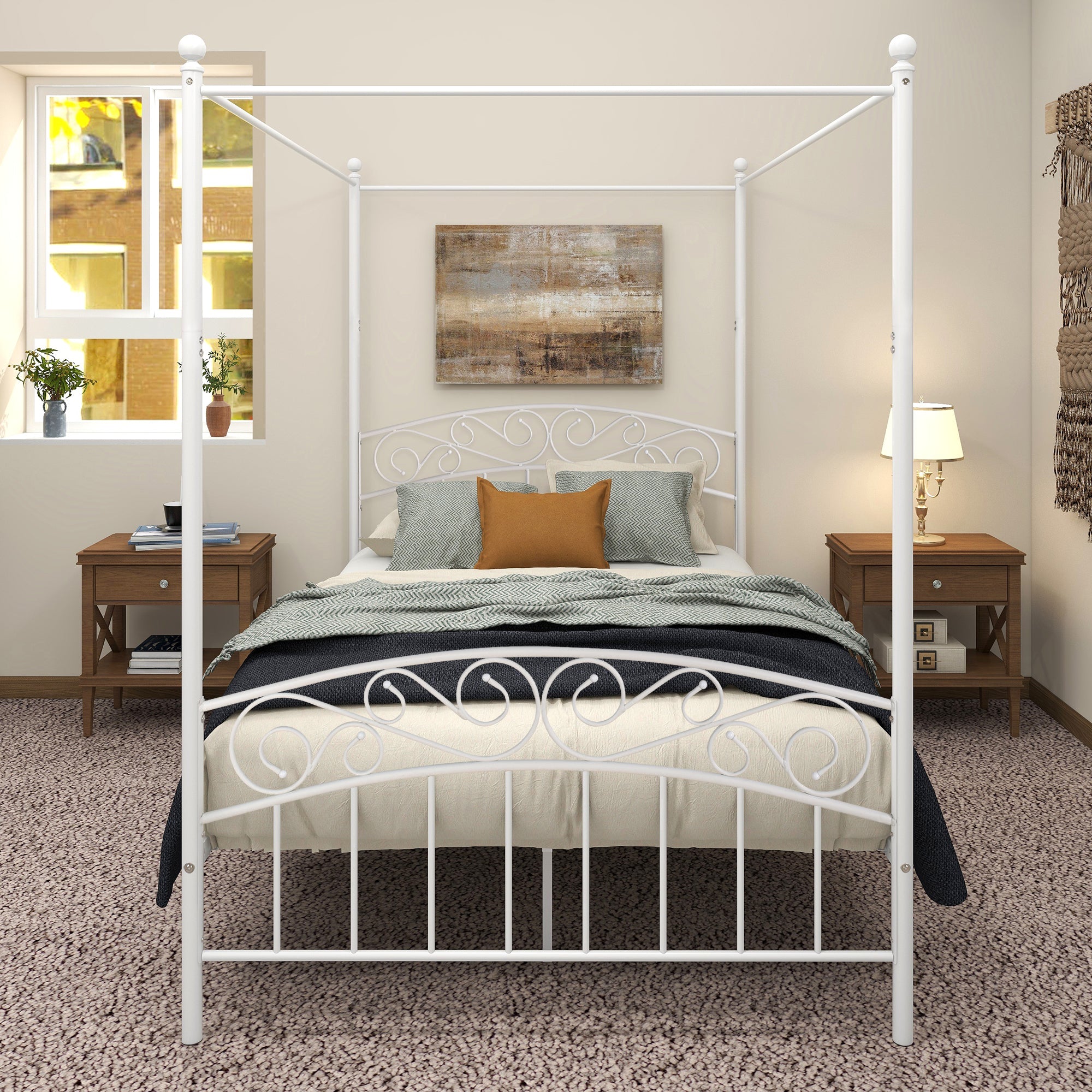 Royard Oaktree Full Size Metal Canopy Bed Frame with Ornate European Style Headboard & Footboard Sturdy Steel H/Under-Bed Storage Space/No Box Spring Needed/White