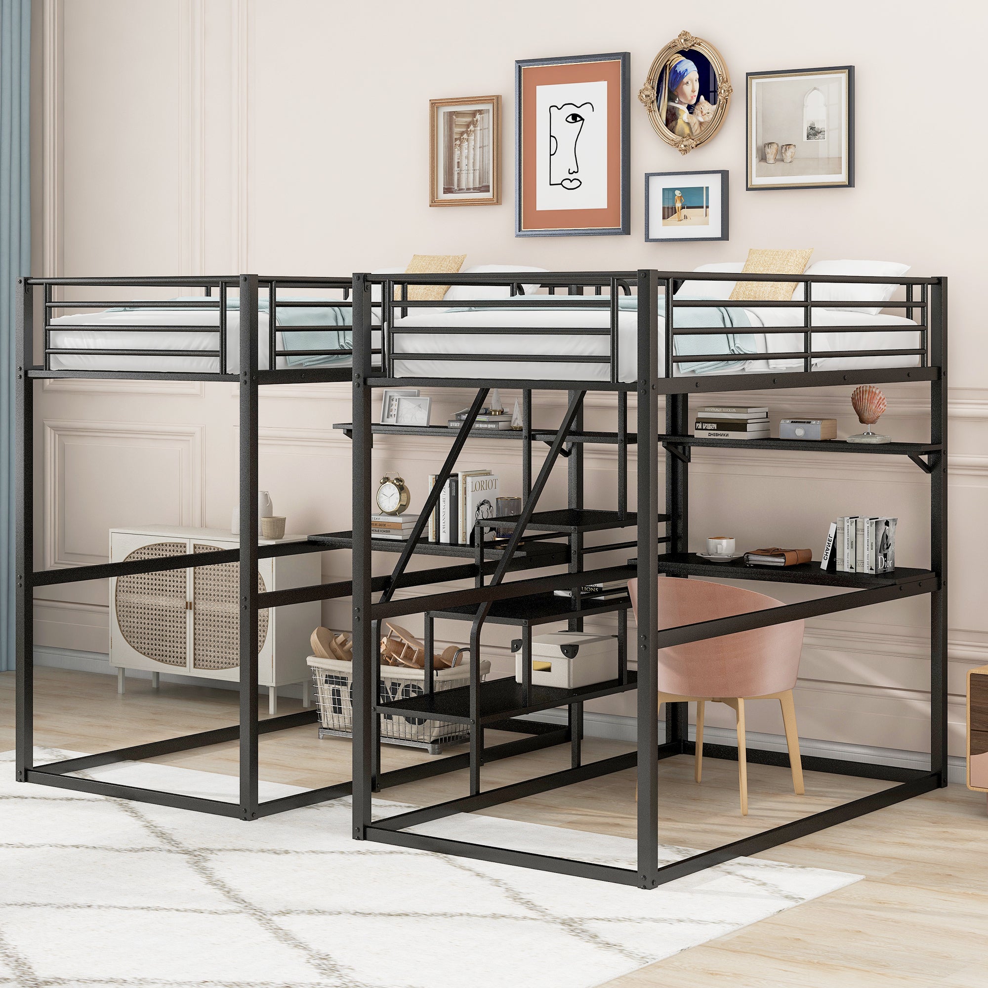 Royard Oaktree Double Twin over Twin Metal Bunk Bed with Guardrail and Storage Staircase Double Twin Loft Bed with Desk and Shelves