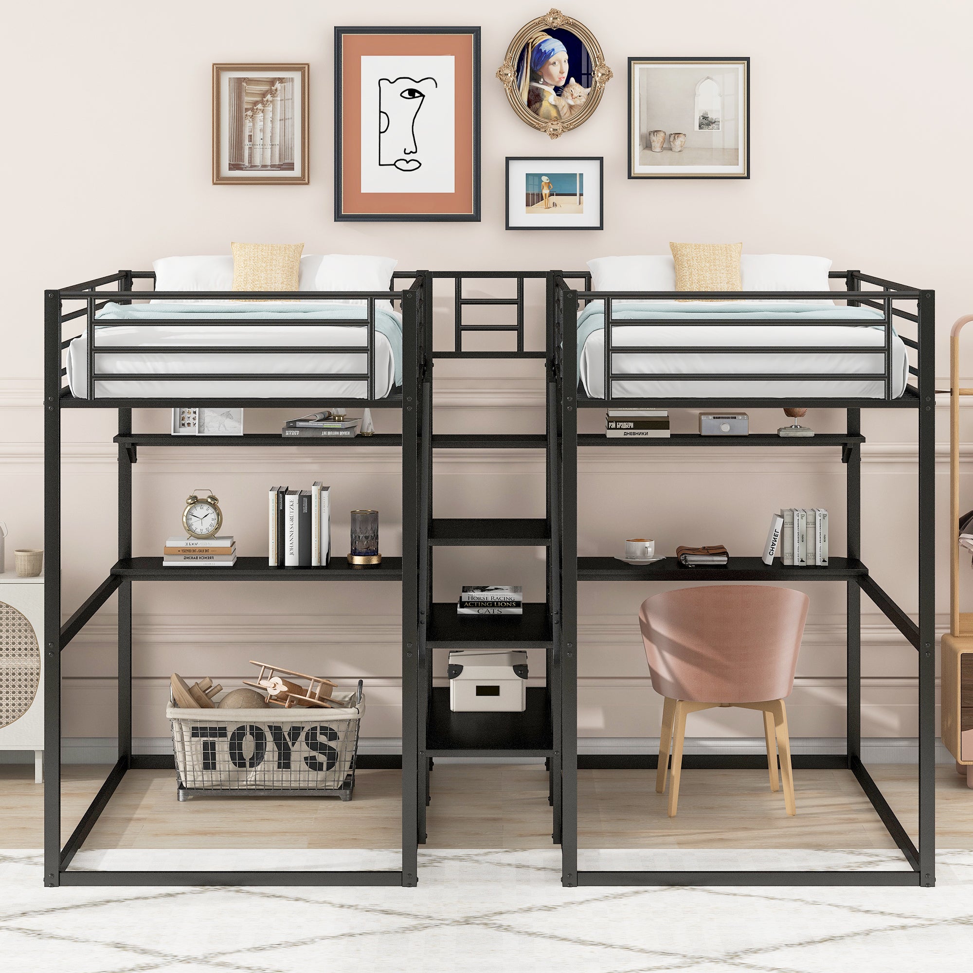 Royard Oaktree Double Twin over Twin Metal Bunk Bed with Guardrail and Storage Staircase Double Twin Loft Bed with Desk and Shelves