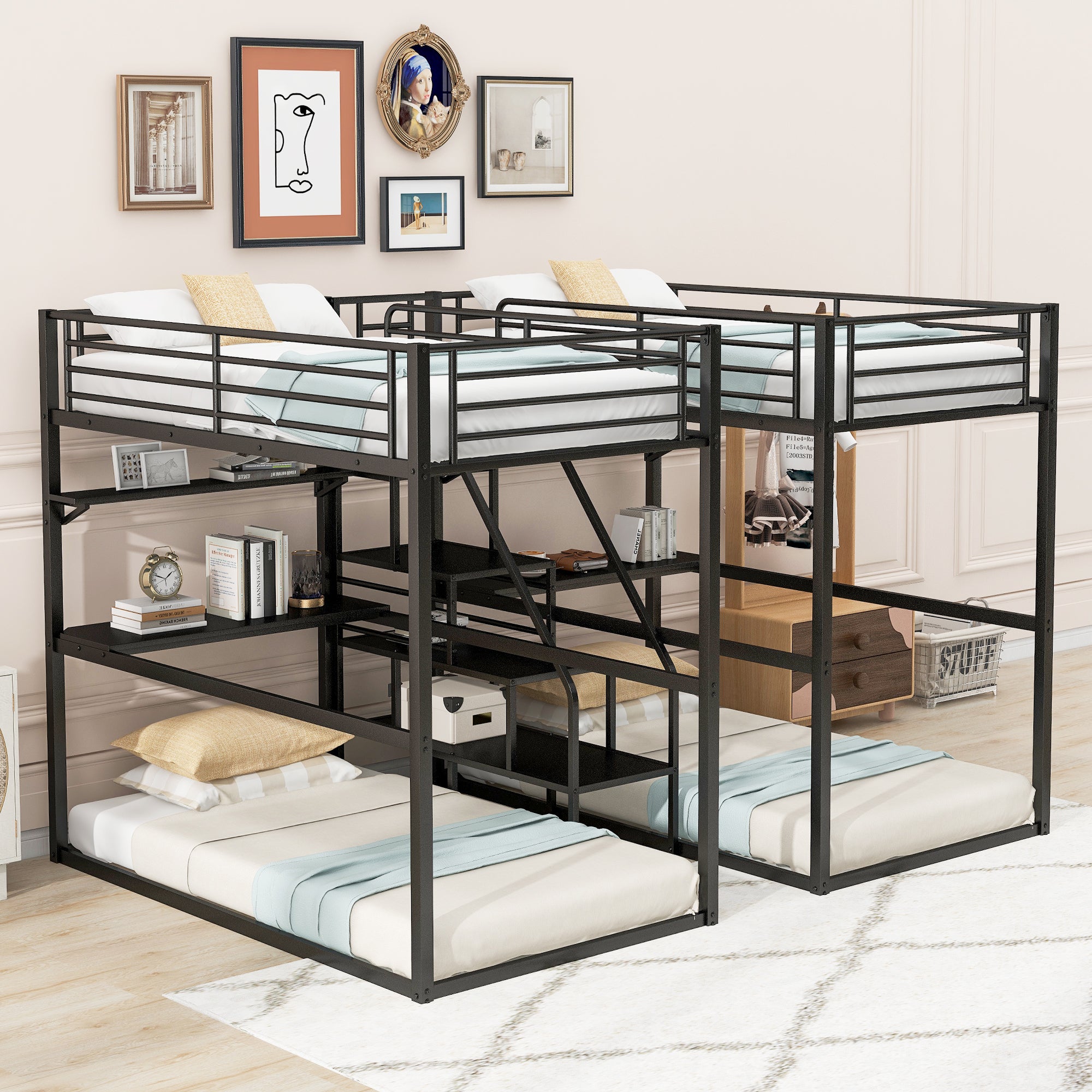 Royard Oaktree Double Twin over Twin Metal Bunk Bed with Guardrail and Storage Staircase Double Twin Loft Bed with Desk and Shelves