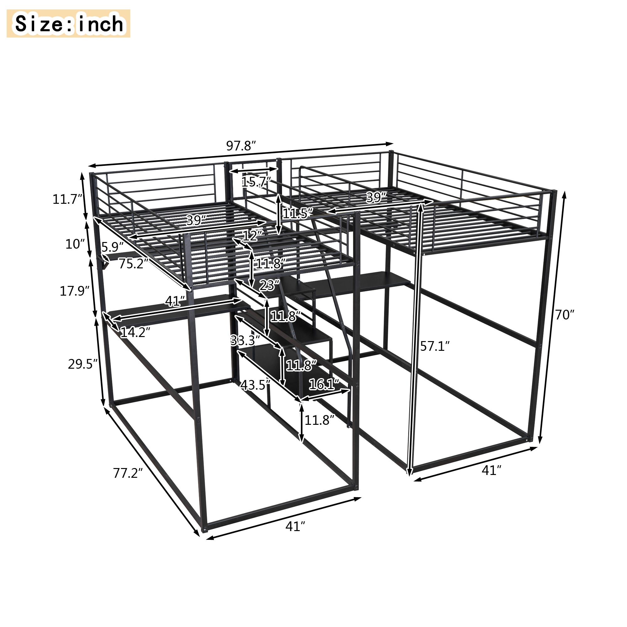 Royard Oaktree Double Twin over Twin Metal Bunk Bed with Guardrail and Storage Staircase Double Twin Loft Bed with Desk and Shelves