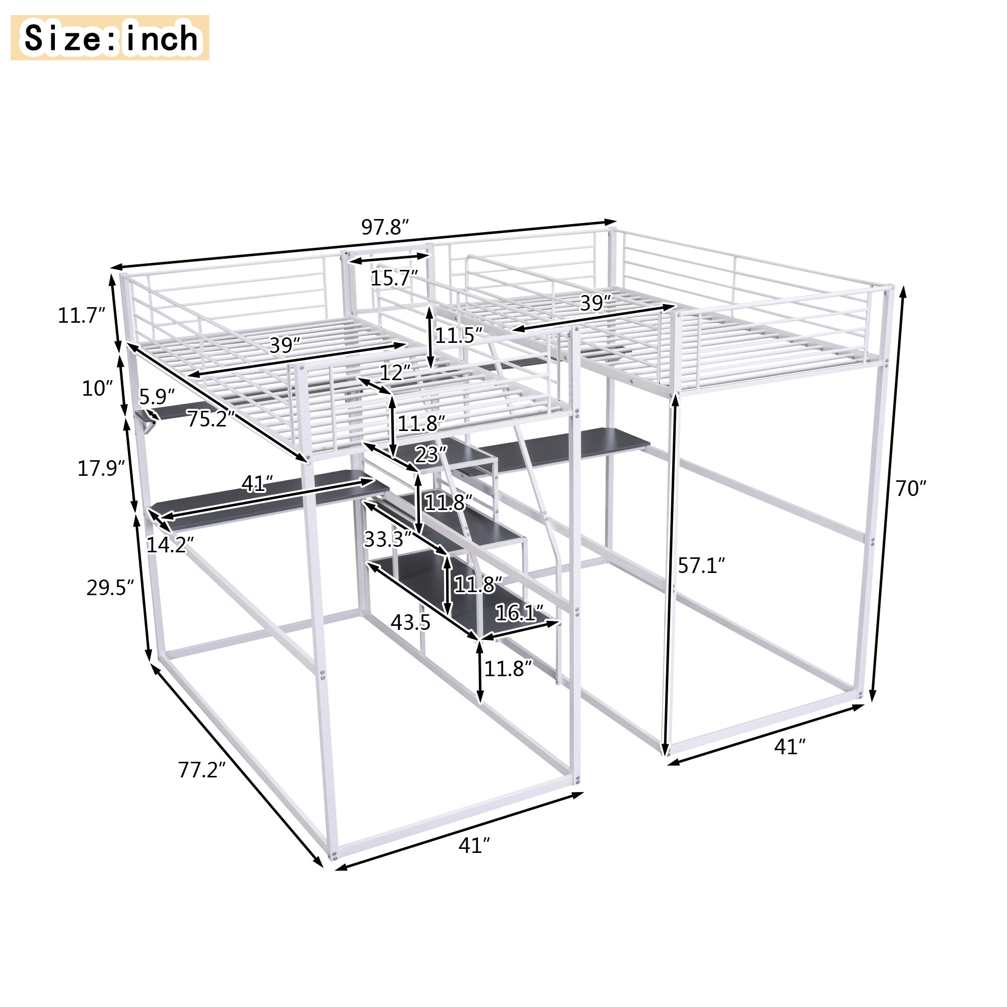 Royard Oaktree Double Twin over Twin Metal Bunk Bed with Guardrail and Storage Staircase Double Twin Loft Bed with Desk and Shelves