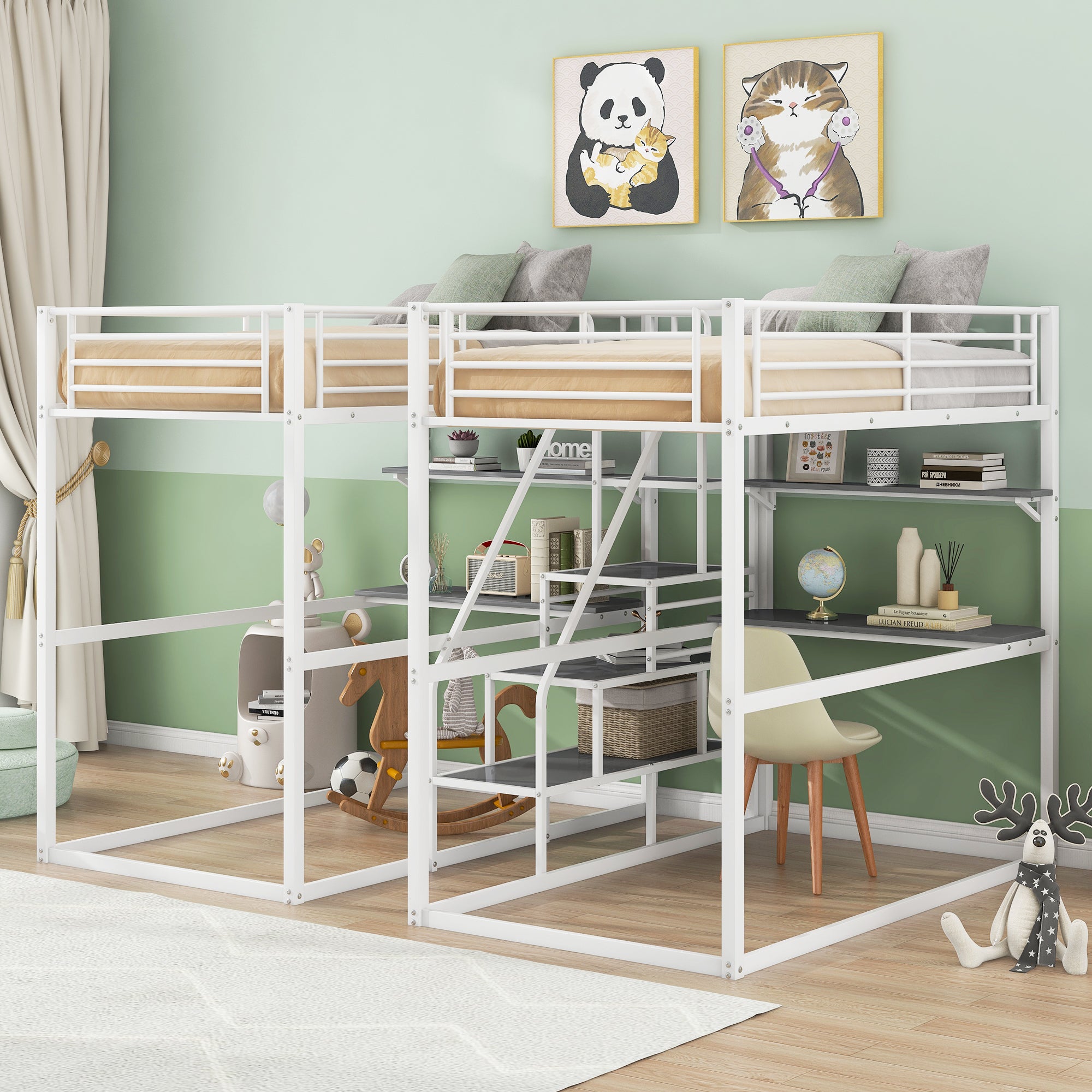 Royard Oaktree Double Twin over Twin Metal Bunk Bed with Guardrail and Storage Staircase Double Twin Loft Bed with Desk and Shelves