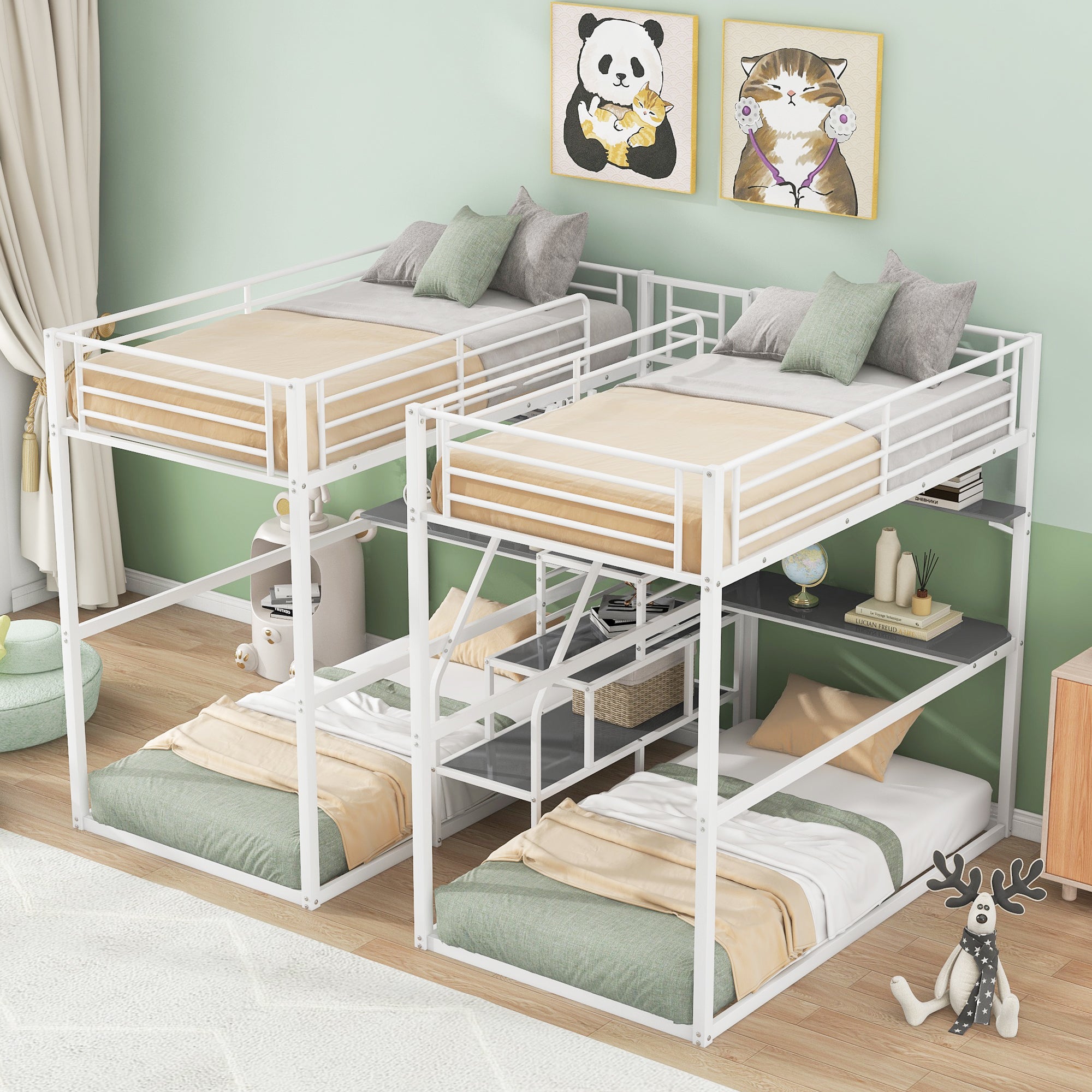 Royard Oaktree Double Twin over Twin Metal Bunk Bed with Guardrail and Storage Staircase Double Twin Loft Bed with Desk and Shelves