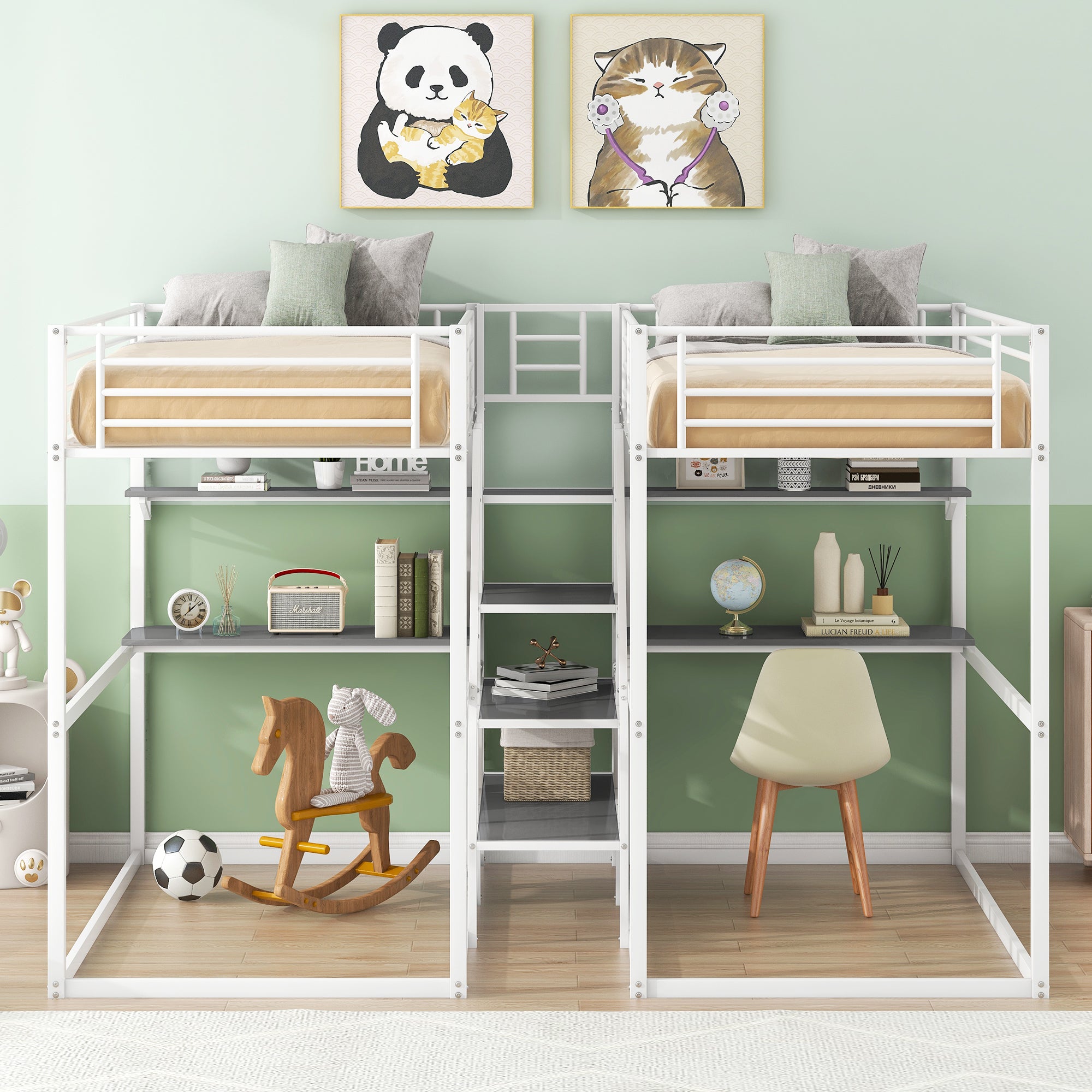 Royard Oaktree Double Twin over Twin Metal Bunk Bed with Guardrail and Storage Staircase Double Twin Loft Bed with Desk and Shelves