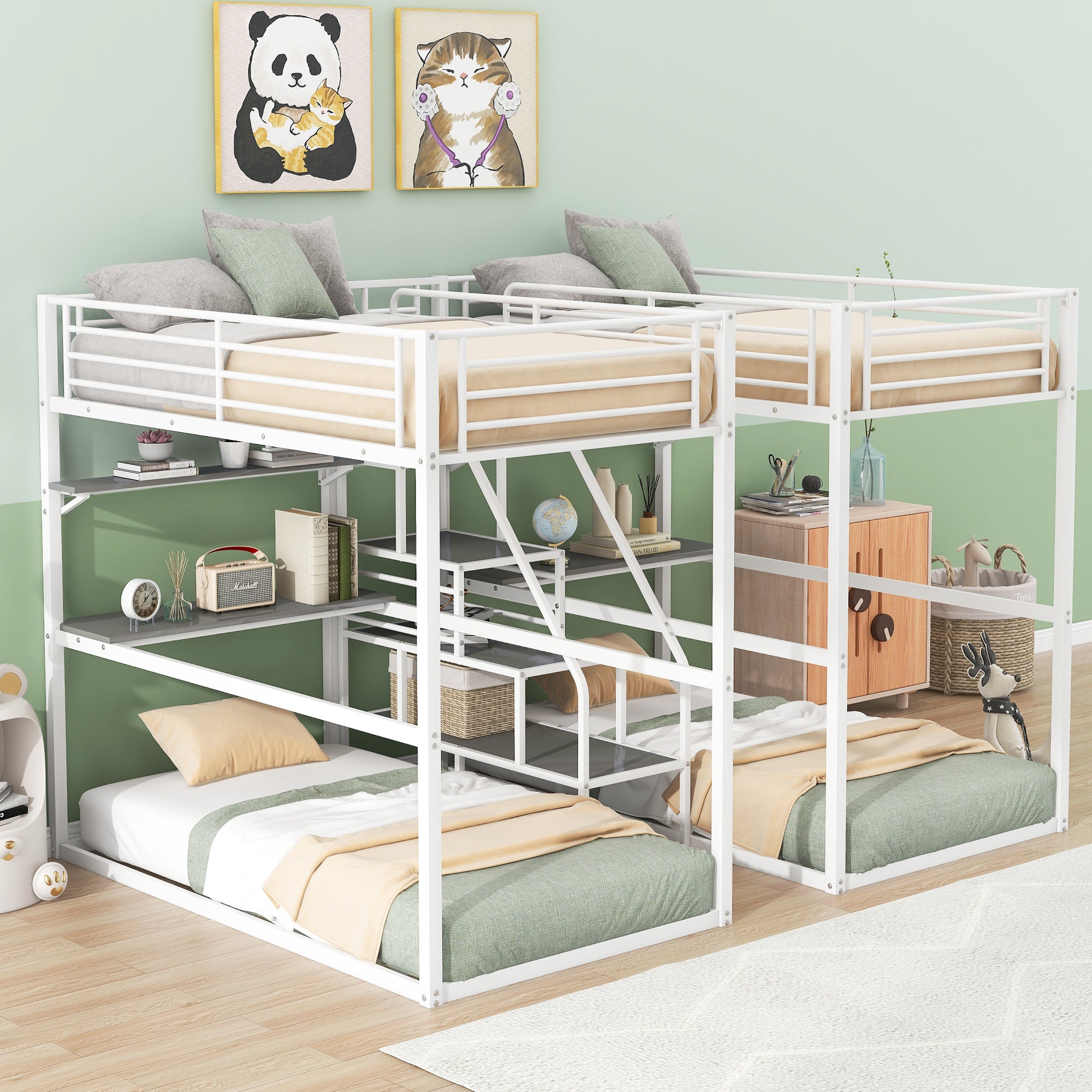 Royard Oaktree Double Twin over Twin Metal Bunk Bed with Guardrail and Storage Staircase Double Twin Loft Bed with Desk and Shelves