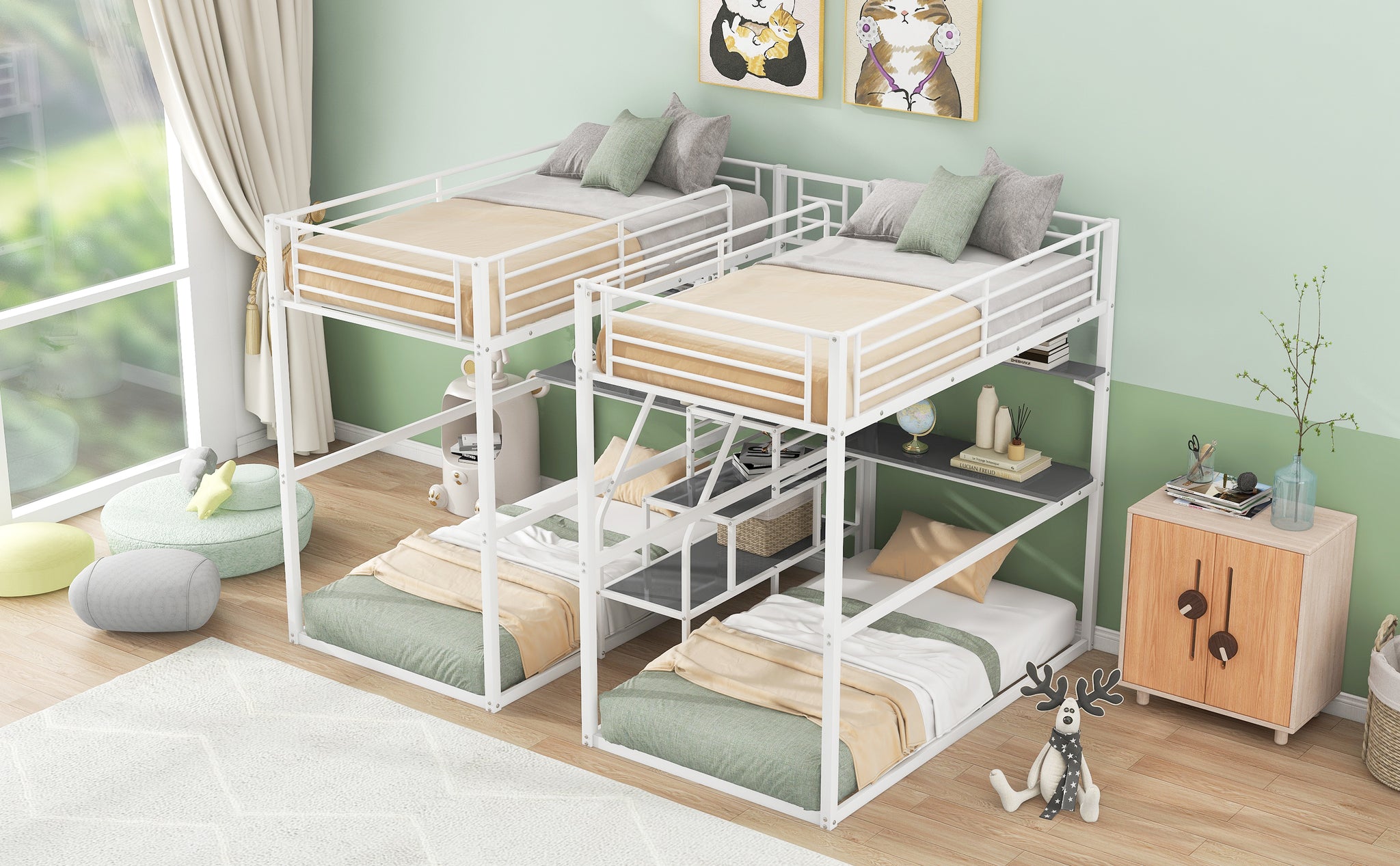 Royard Oaktree Double Twin over Twin Metal Bunk Bed with Guardrail and Storage Staircase Double Twin Loft Bed with Desk and Shelves