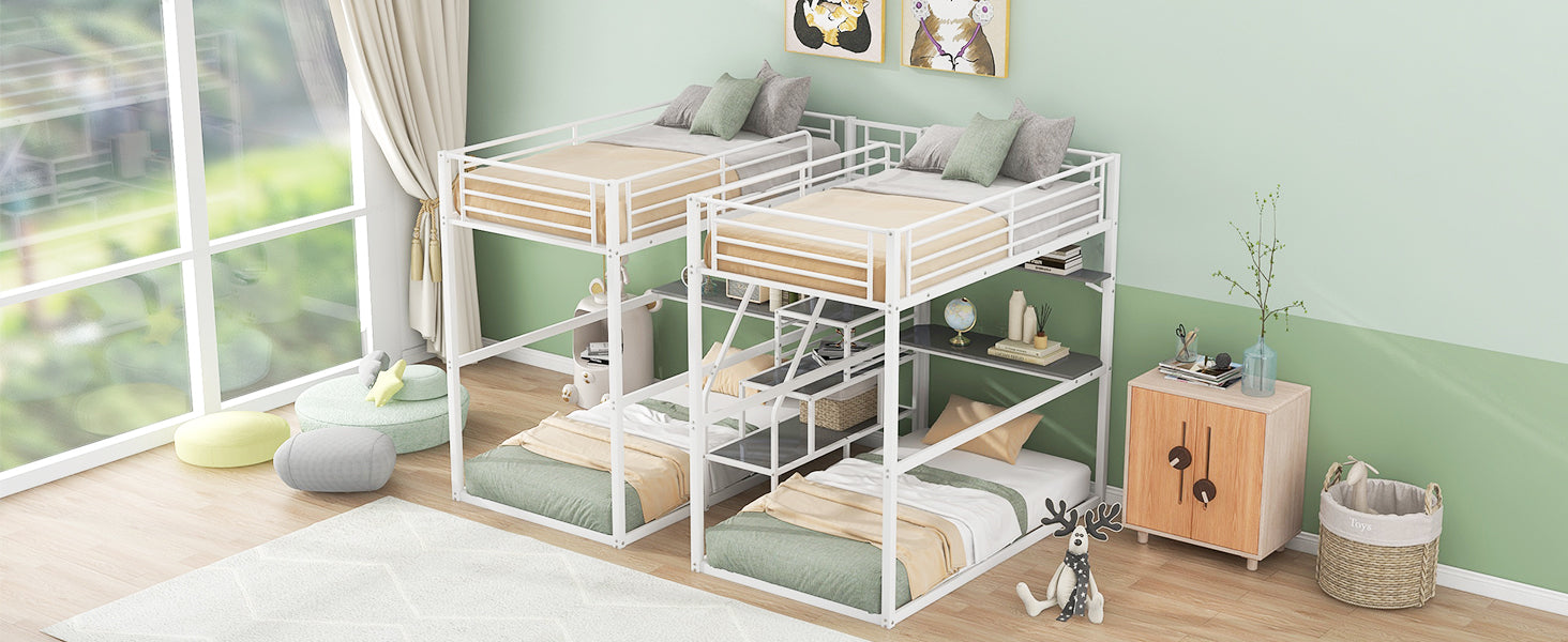 Royard Oaktree Double Twin over Twin Metal Bunk Bed with Guardrail and Storage Staircase Double Twin Loft Bed with Desk and Shelves