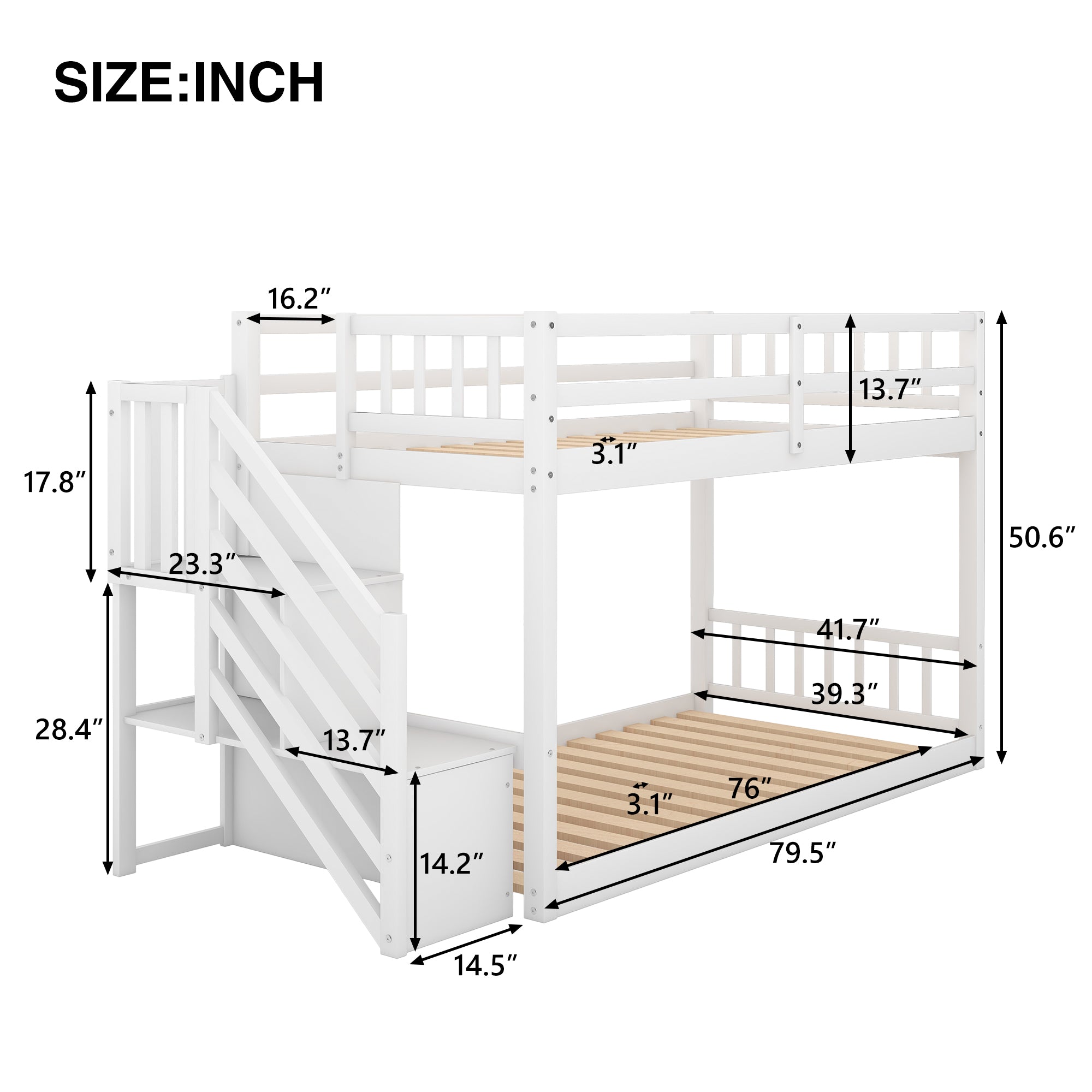 Royard Oaktree Twin over Twin Floor Bunk Bed Wood Bunk Bed Frame with Storage Ladder and Guardrails