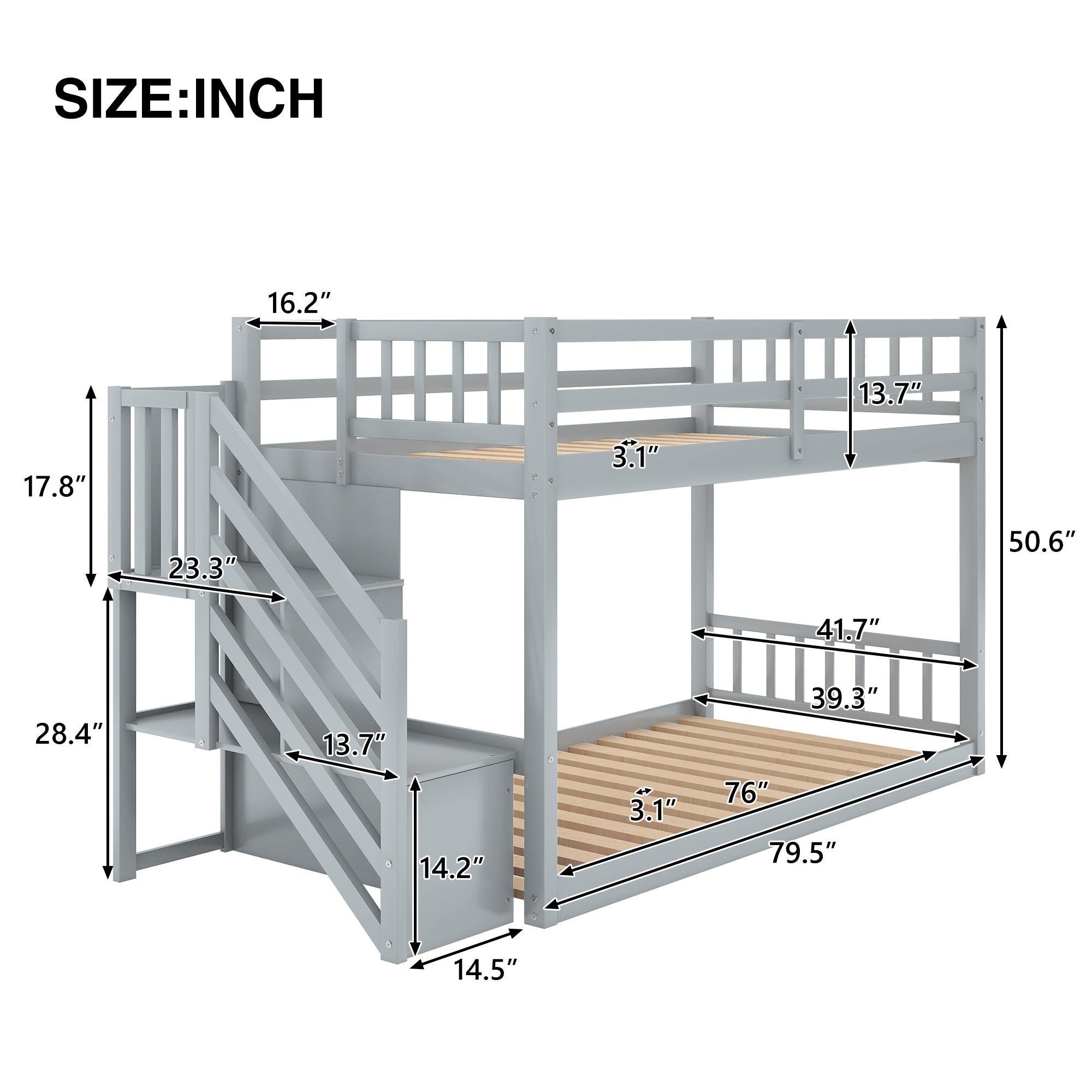 Royard Oaktree Twin over Twin Floor Bunk Bed Wood Bunk Bed Frame with Storage Ladder and Guardrails