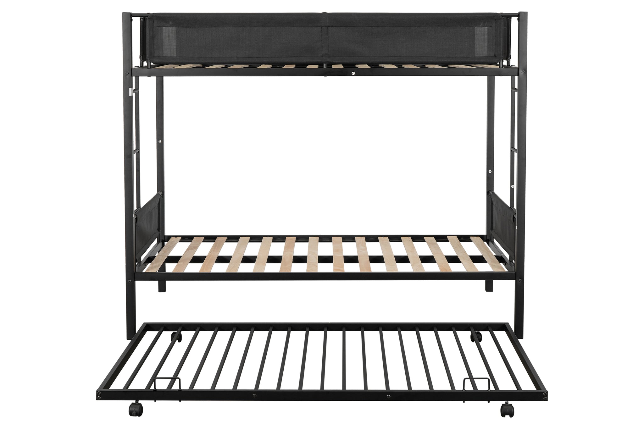 Royard Oaktree Twin over Twin Bunk Bed with Trundle Metal Bunk Bed with Wood Slat and Textilene Guardrail