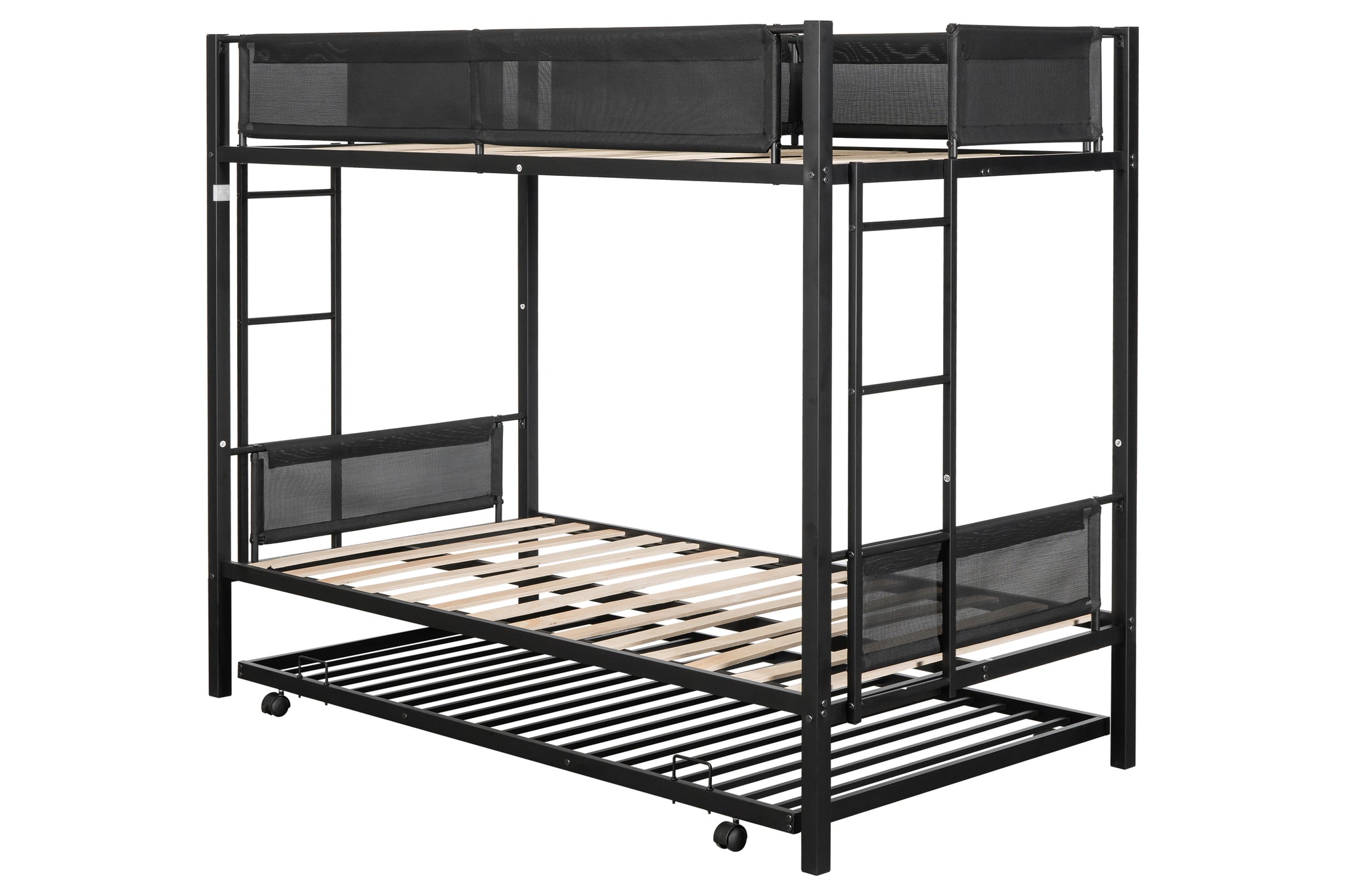 Royard Oaktree Twin over Twin Bunk Bed with Trundle Metal Bunk Bed with Wood Slat and Textilene Guardrail