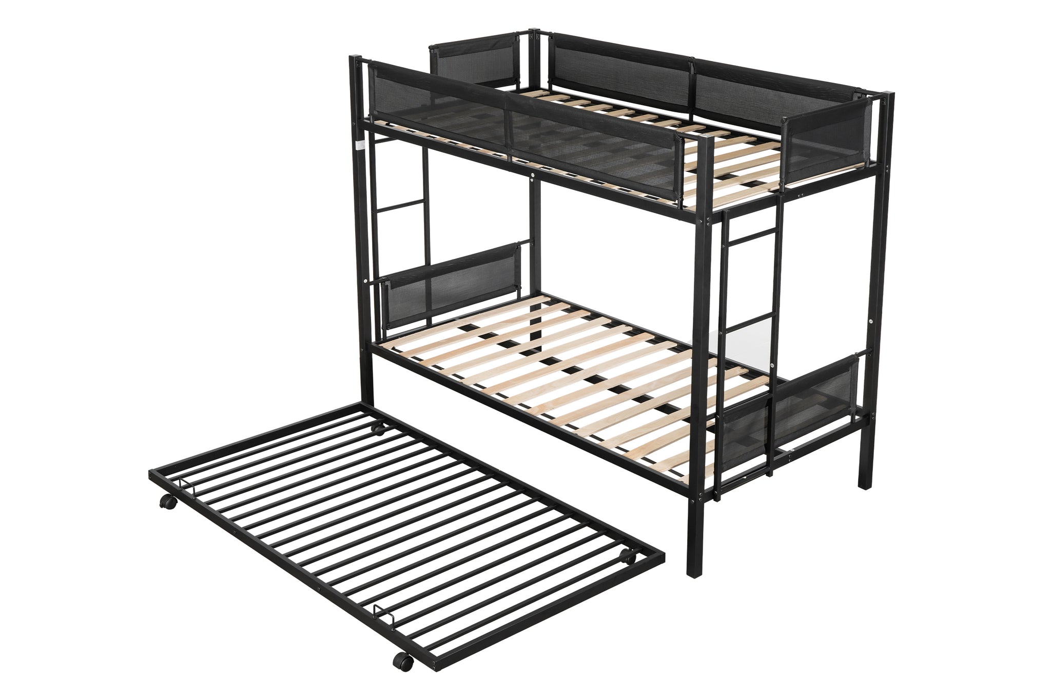 Royard Oaktree Twin over Twin Bunk Bed with Trundle Metal Bunk Bed with Wood Slat and Textilene Guardrail