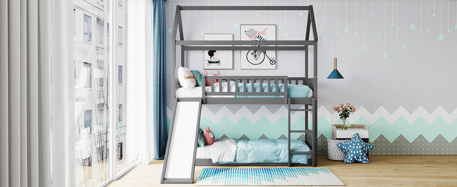 Royard Oaktree Twin Over Twin House Bunk Bed with Roof and Slide Wooden House Bed Frame with Guardrail and Ladder for Kids Boys Girls Teens, No Box Spring Needed