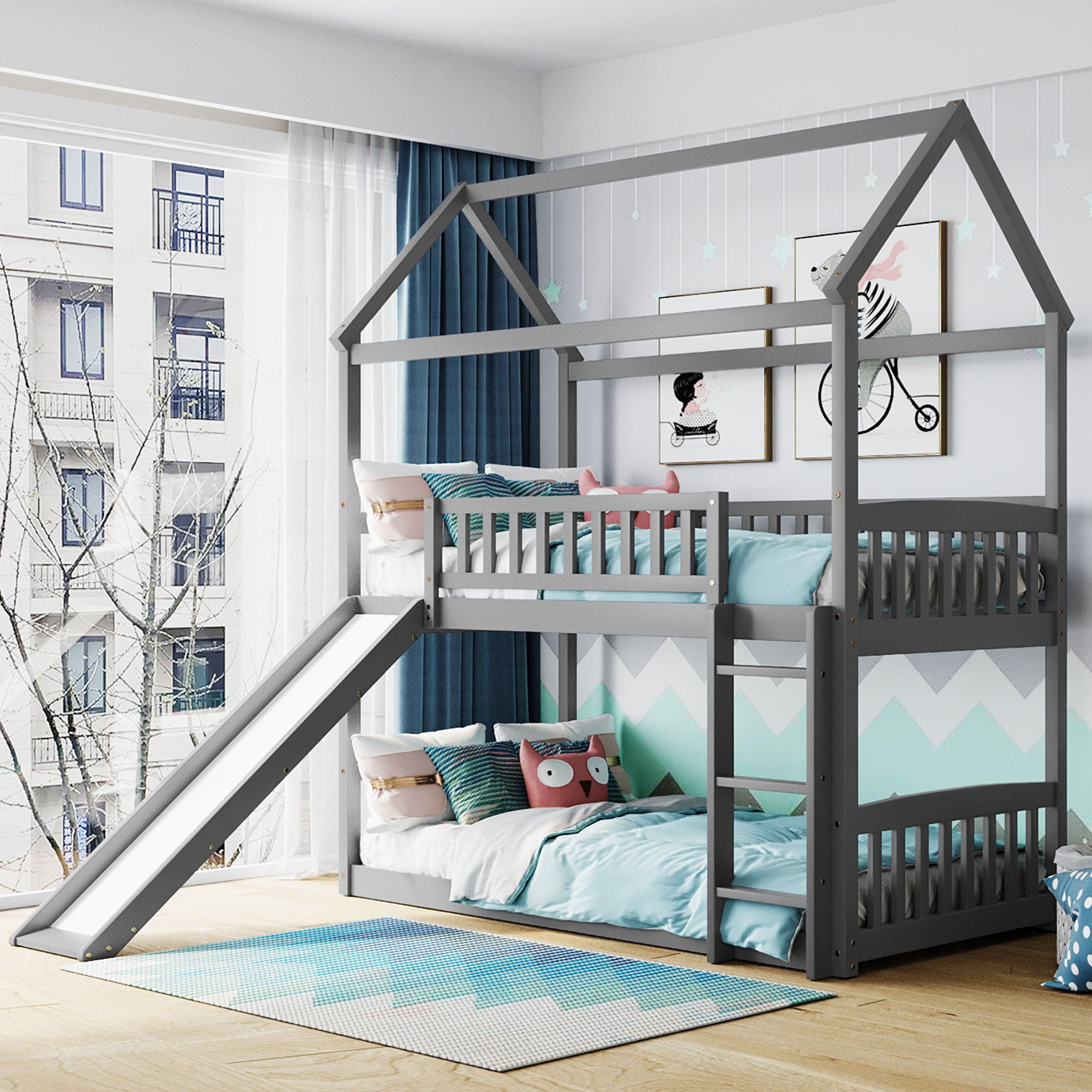 Royard Oaktree Twin Over Twin House Bunk Bed with Roof and Slide Wooden House Bed Frame with Guardrail and Ladder for Kids Boys Girls Teens, No Box Spring Needed