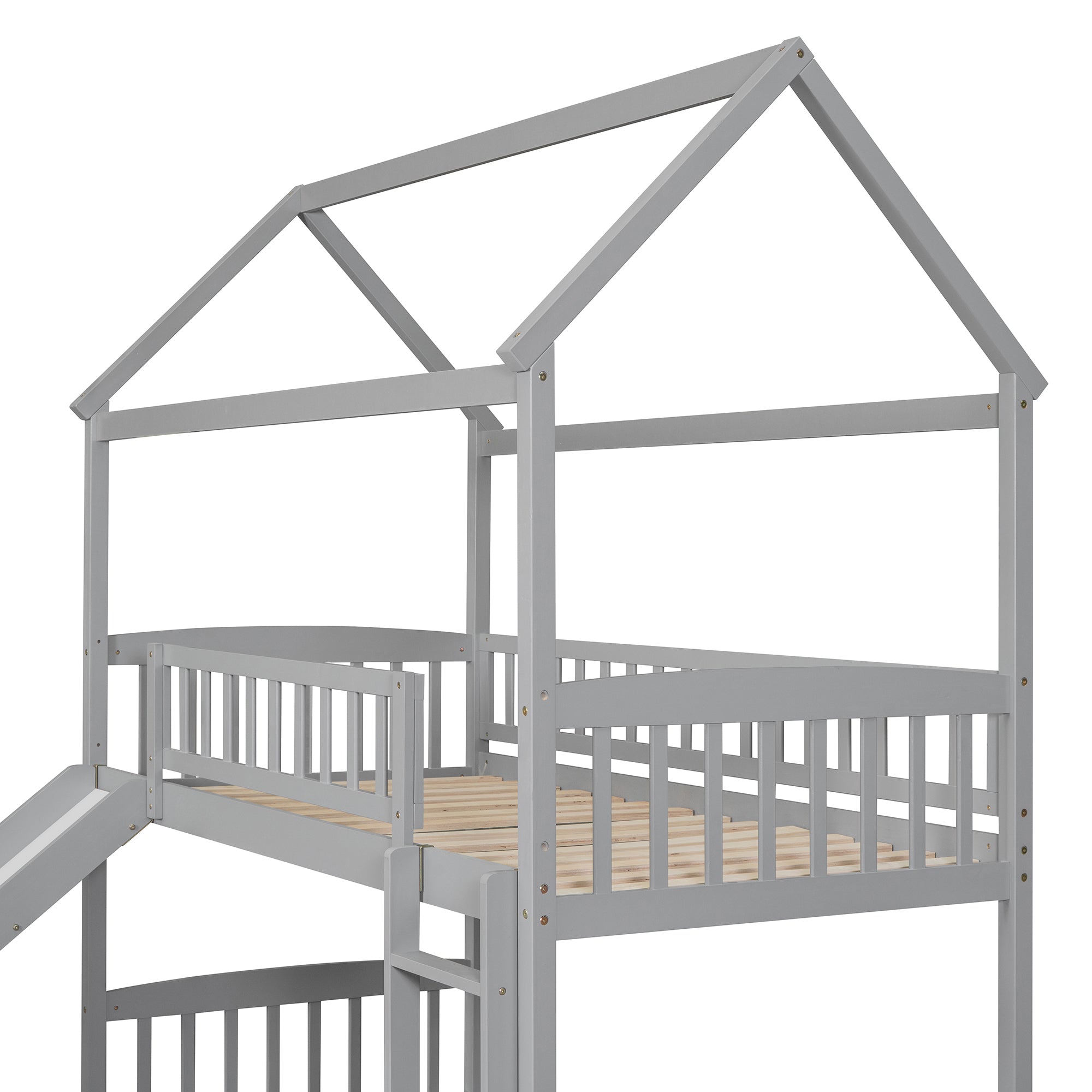 Royard Oaktree Twin Over Twin House Bunk Bed with Roof and Slide Wooden House Bed Frame with Guardrail and Ladder for Kids Boys Girls Teens, No Box Spring Needed