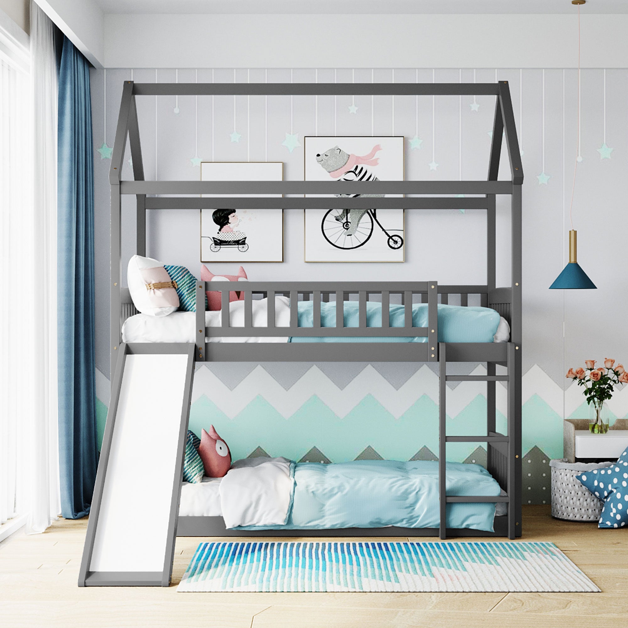 Royard Oaktree Twin Over Twin House Bunk Bed with Roof and Slide Wooden House Bed Frame with Guardrail and Ladder for Kids Boys Girls Teens, No Box Spring Needed