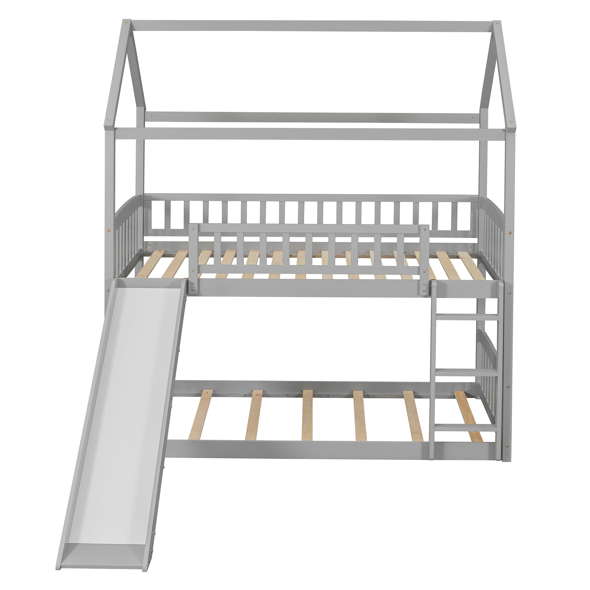 Royard Oaktree Twin Over Twin House Bunk Bed with Roof and Slide Wooden House Bed Frame with Guardrail and Ladder for Kids Boys Girls Teens, No Box Spring Needed