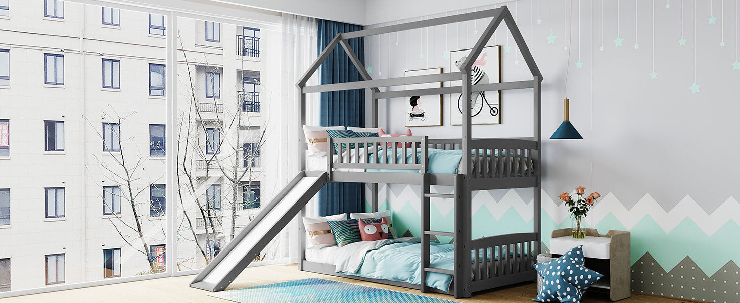 Royard Oaktree Twin Over Twin House Bunk Bed with Roof and Slide Wooden House Bed Frame with Guardrail and Ladder for Kids Boys Girls Teens, No Box Spring Needed