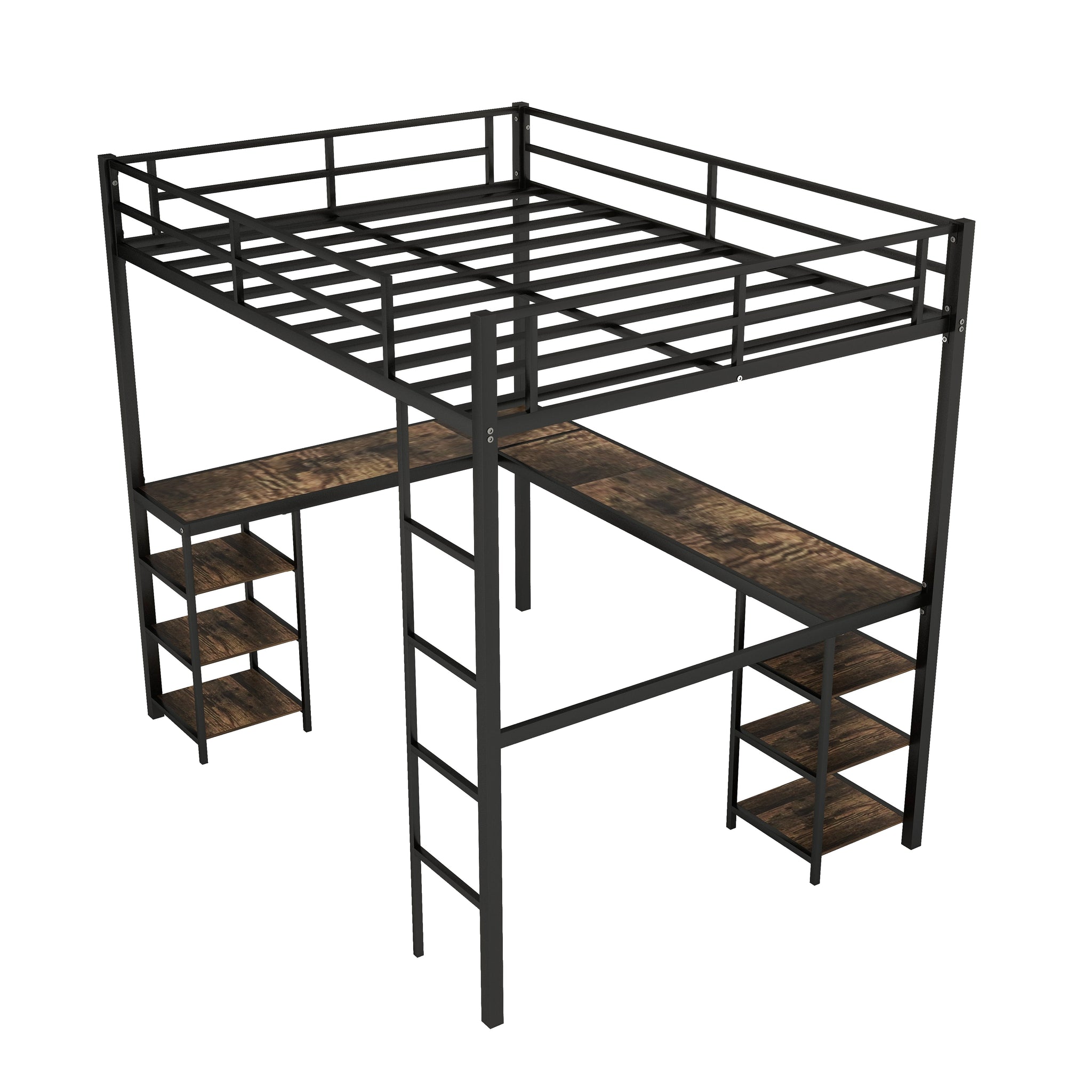 Royard Oaktree Full Size Loft Bed with L- Shape Desk and Shelves Metal Loft Bed with Ladder and Guardrails, Loft Bed Frame for Bedroom, Black