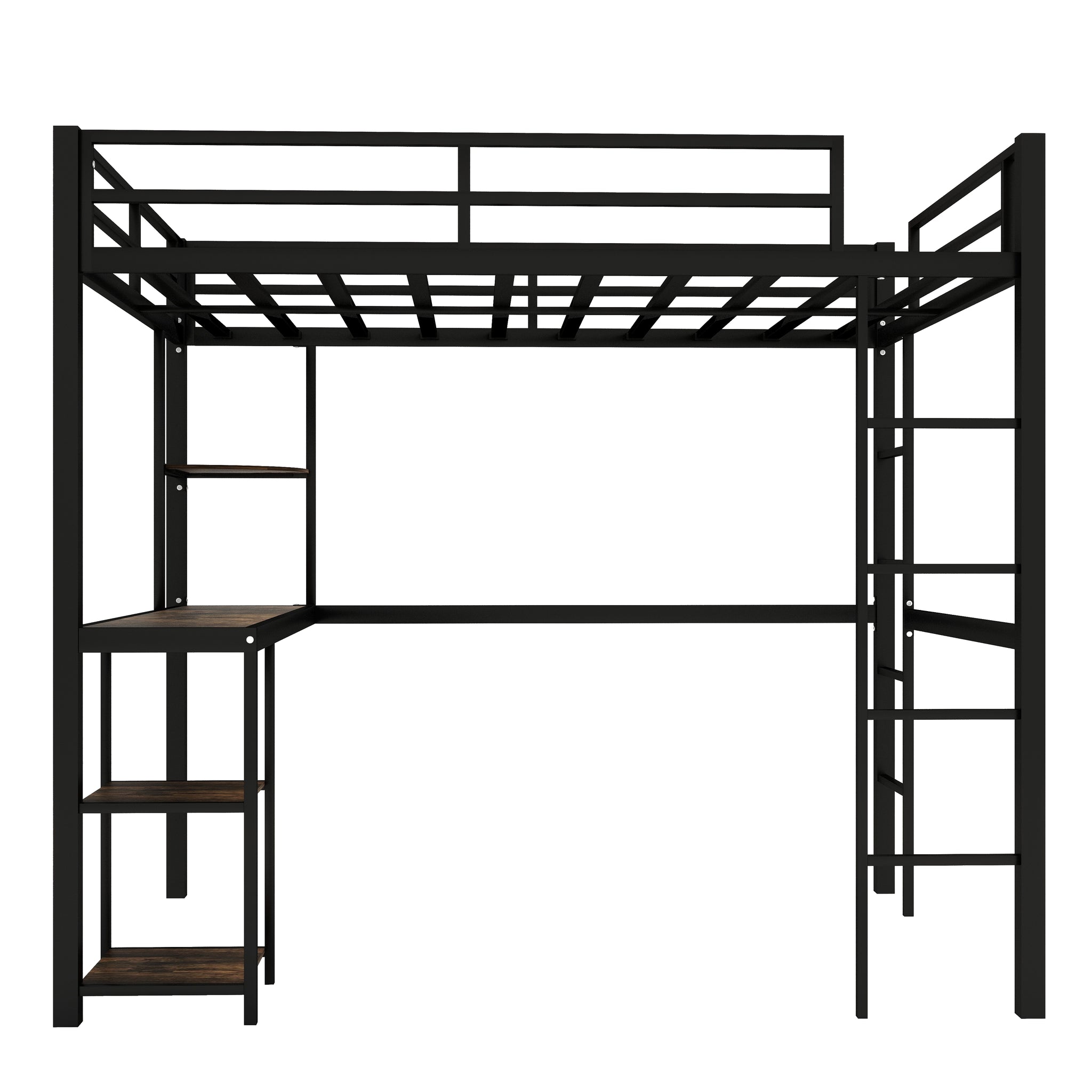 Royard Oaktree Full Metal Loft Bed with Desk and Shelves, Loft Bed with 2 Built-in Ladders and Guardrails, Loft Bed Frame for Bedroom