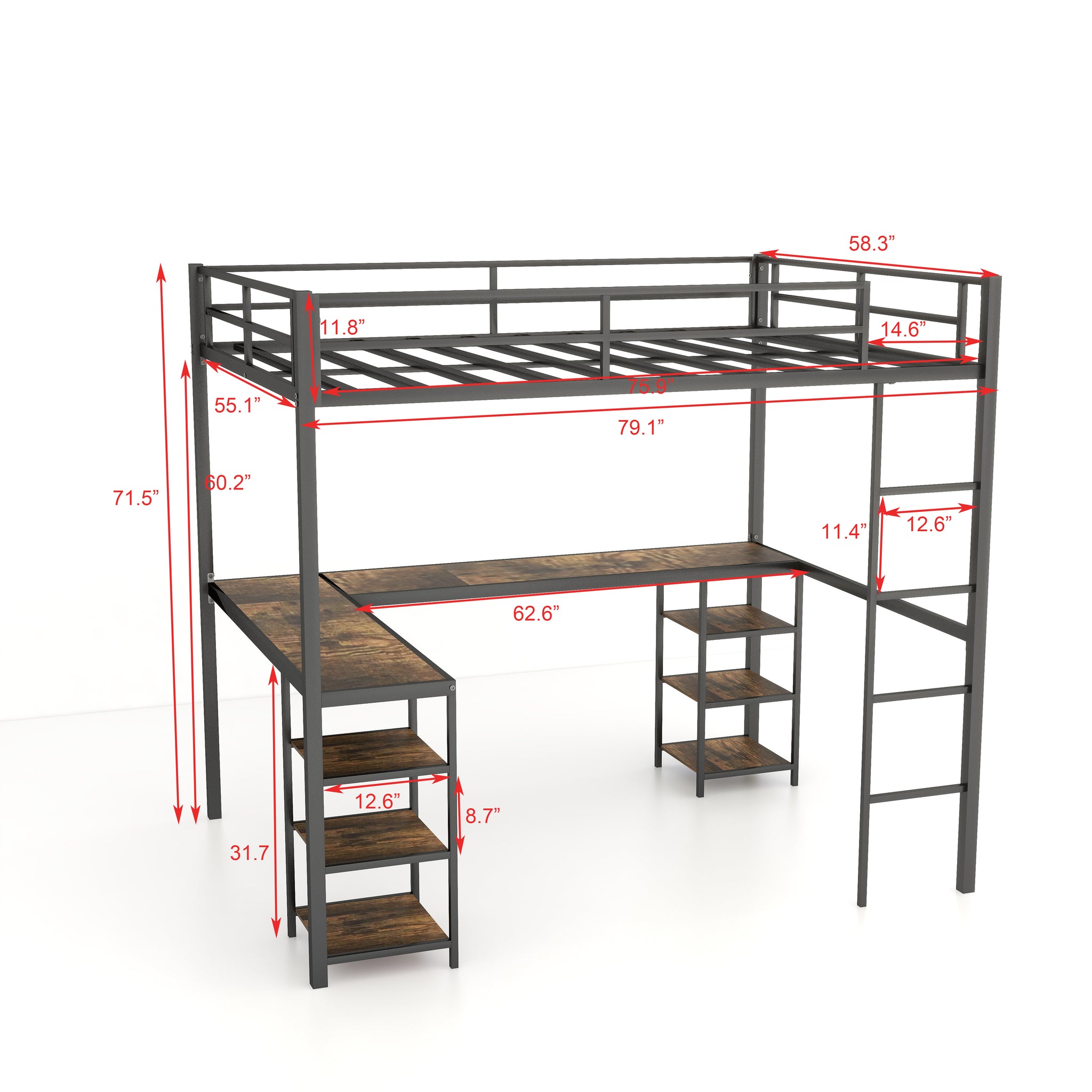 Royard Oaktree Full Size Loft Bed with L- Shape Desk and Shelves Metal Loft Bed with Ladder and Guardrails, Loft Bed Frame for Bedroom, Black