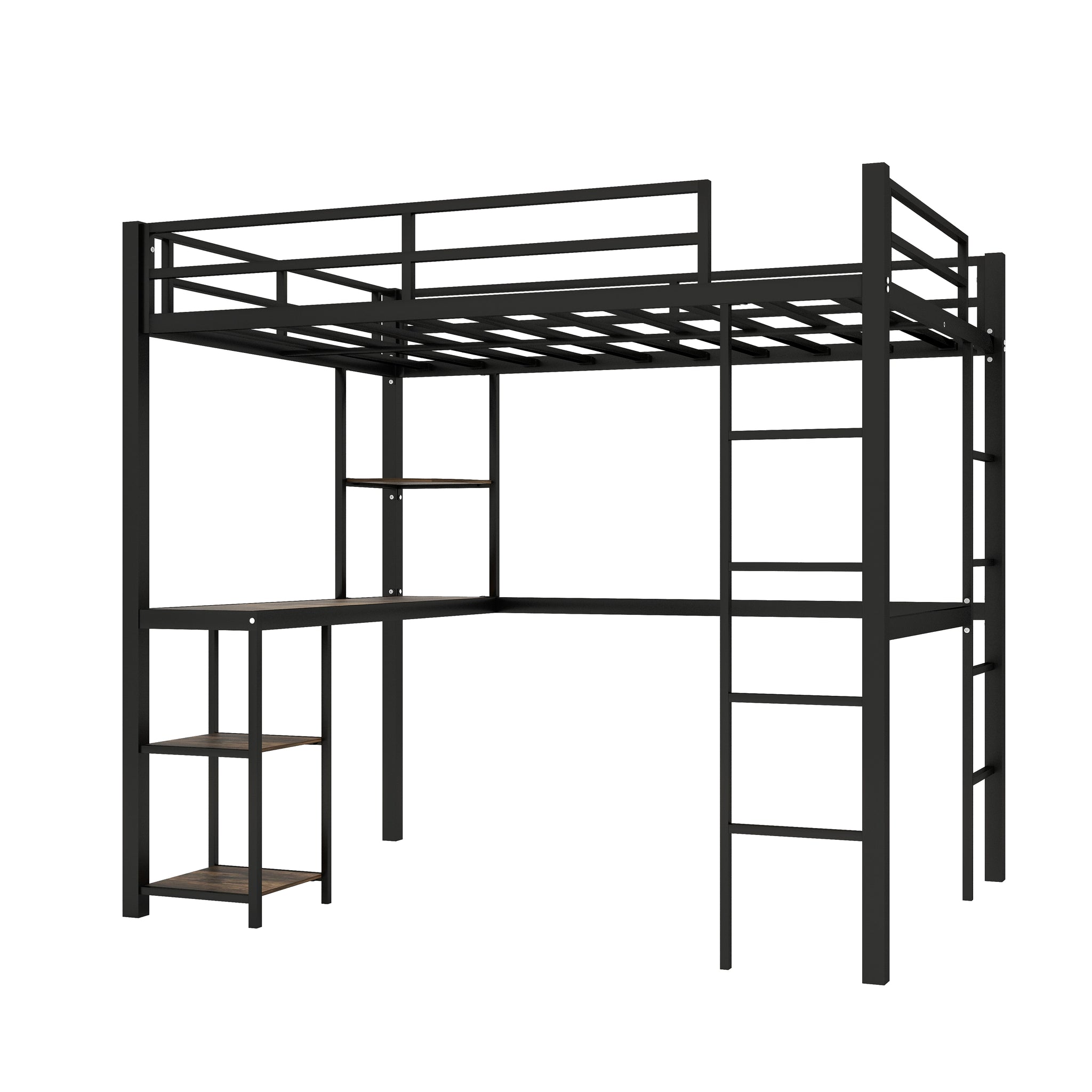 Royard Oaktree Full Metal Loft Bed with Desk and Shelves, Loft Bed with 2 Built-in Ladders and Guardrails, Loft Bed Frame for Bedroom