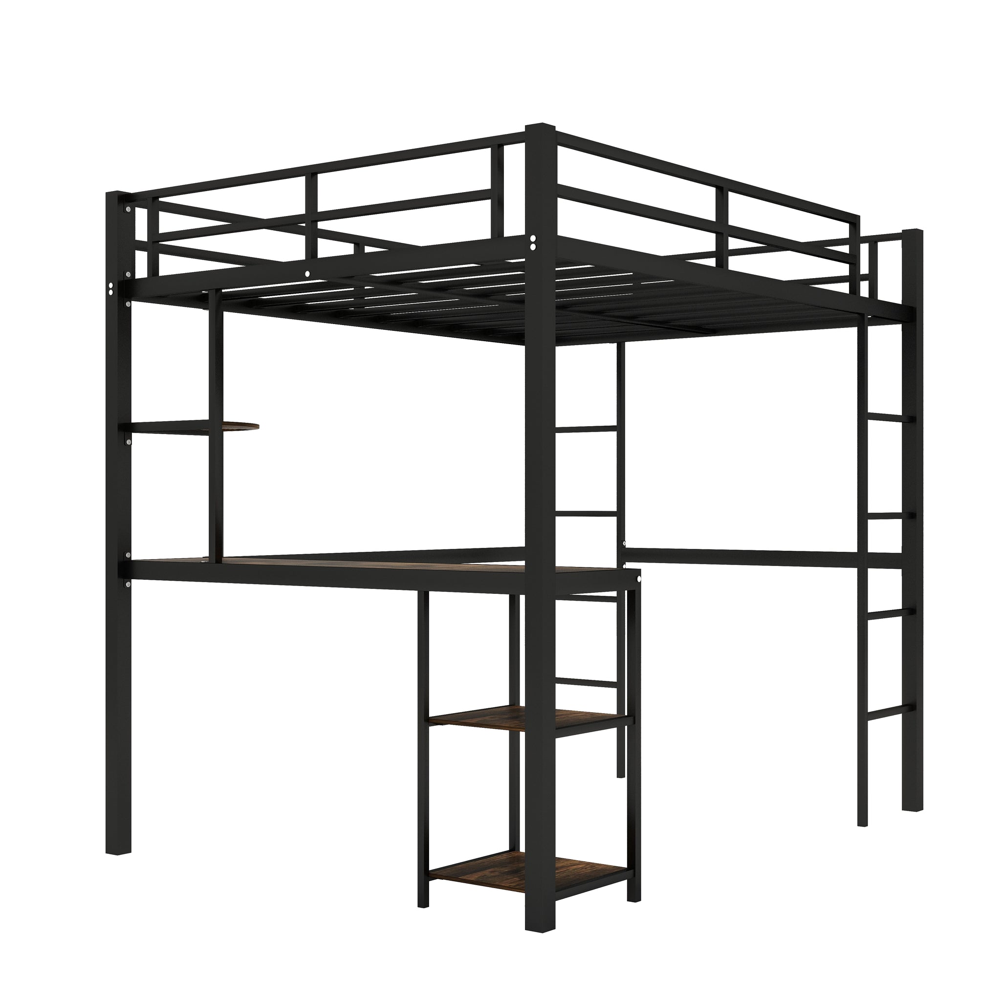 Royard Oaktree Full Metal Loft Bed with Desk and Shelves, Loft Bed with 2 Built-in Ladders and Guardrails, Loft Bed Frame for Bedroom