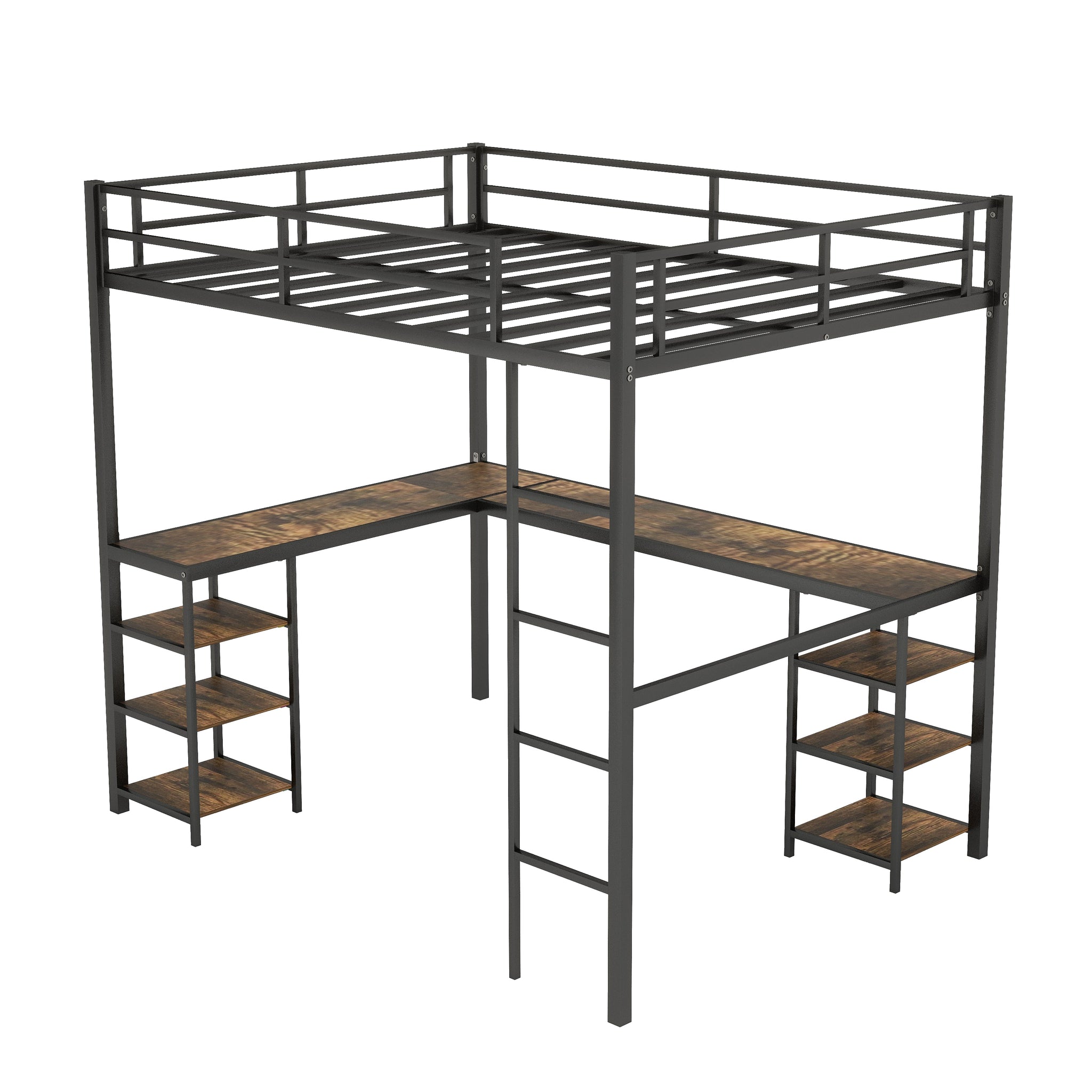 Royard Oaktree Full Size Loft Bed with L- Shape Desk and Shelves Metal Loft Bed with Ladder and Guardrails, Loft Bed Frame for Bedroom, Black