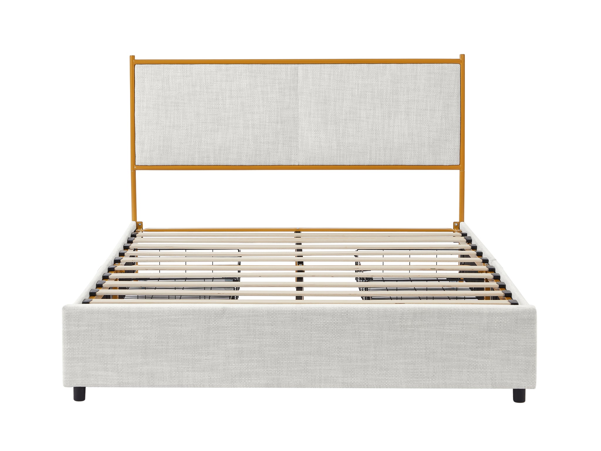 Royard Oaktree Metal Bed Frame with Classic Square Upholstered Headboard and Footboard Modern Platform Beds with Gold Frame and Four Storage Drawers, No Box Spring Needed