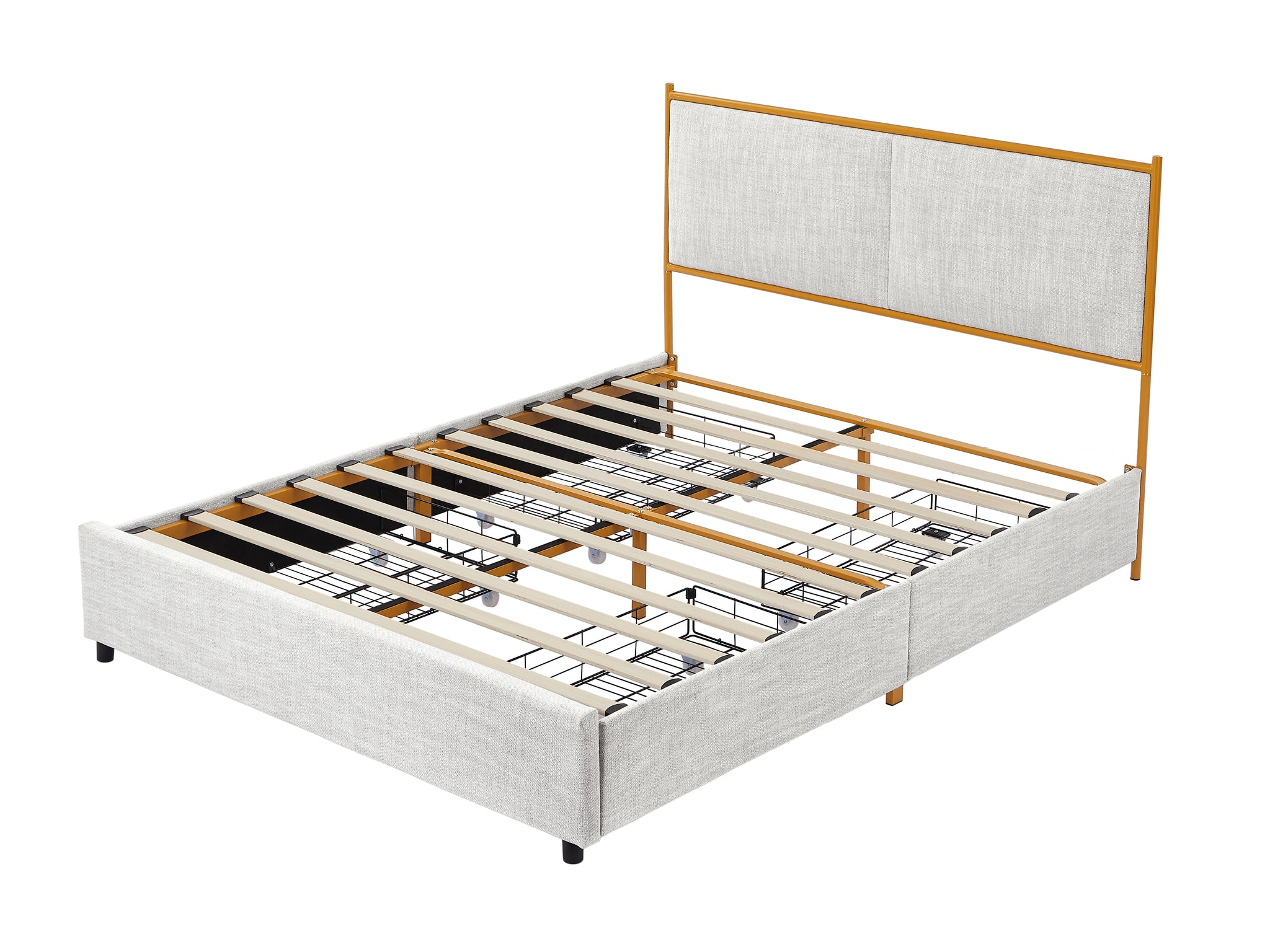 Royard Oaktree Metal Bed Frame with Classic Square Upholstered Headboard and Footboard Modern Platform Beds with Gold Frame and Four Storage Drawers, No Box Spring Needed