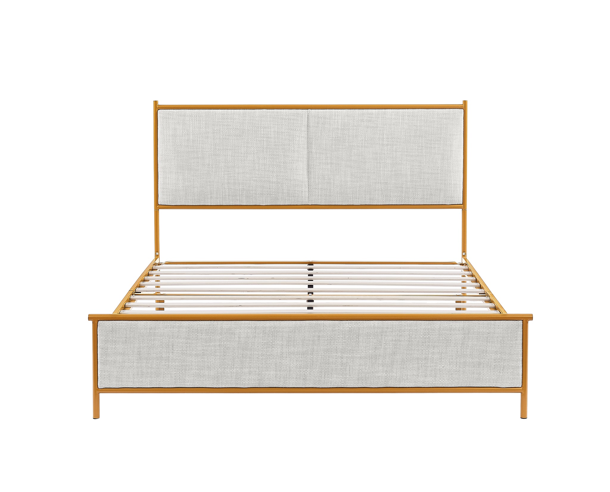 Royard Oaktree Metal Bed Frame with Classic Square Upholstered Headboard and Footboard Modern Platform Beds with Gold Frame and Wood Slats, No Box Spring Needed, Light Gray