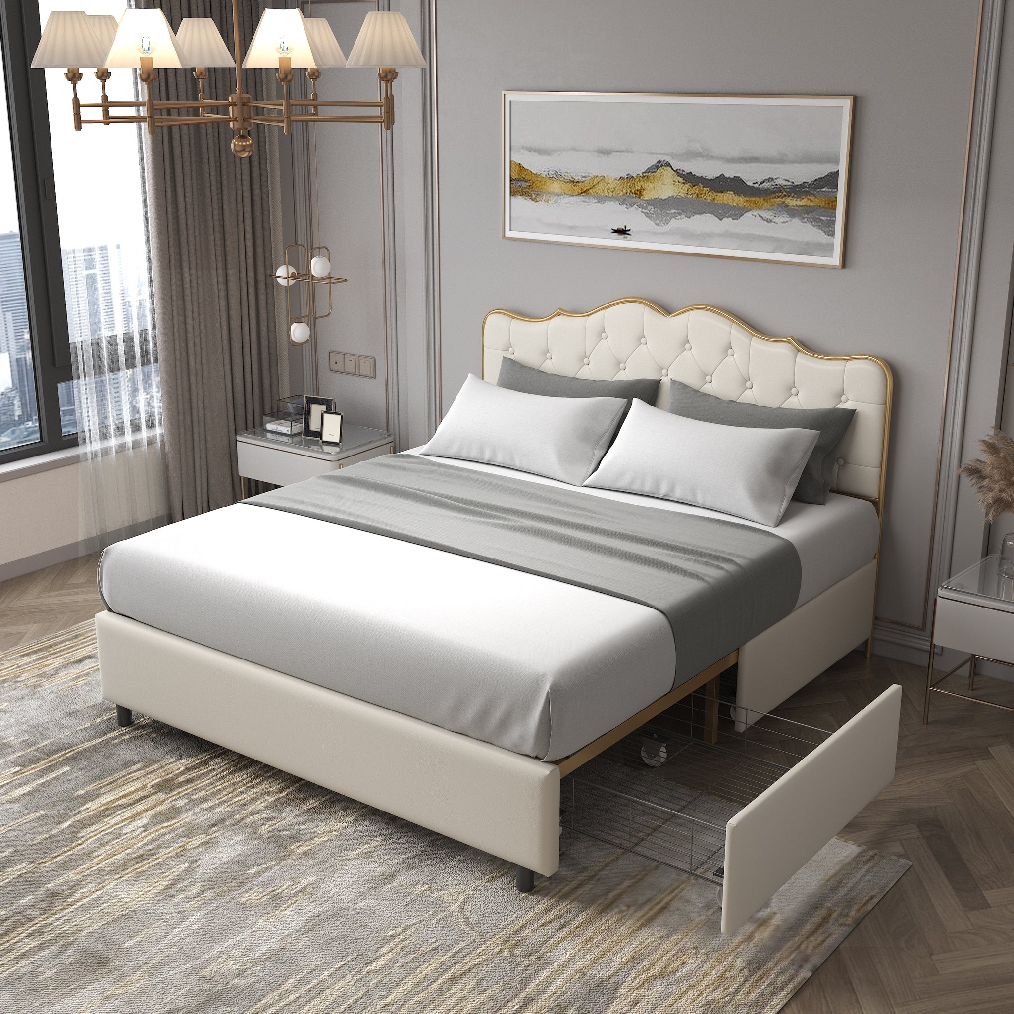 Royard Oaktree Metal Bed with Classic Button Tufted Upholstered Headboard and Footboard Modern Platform Beds Frame with Solid Wood Slats, No Box Spring Needed