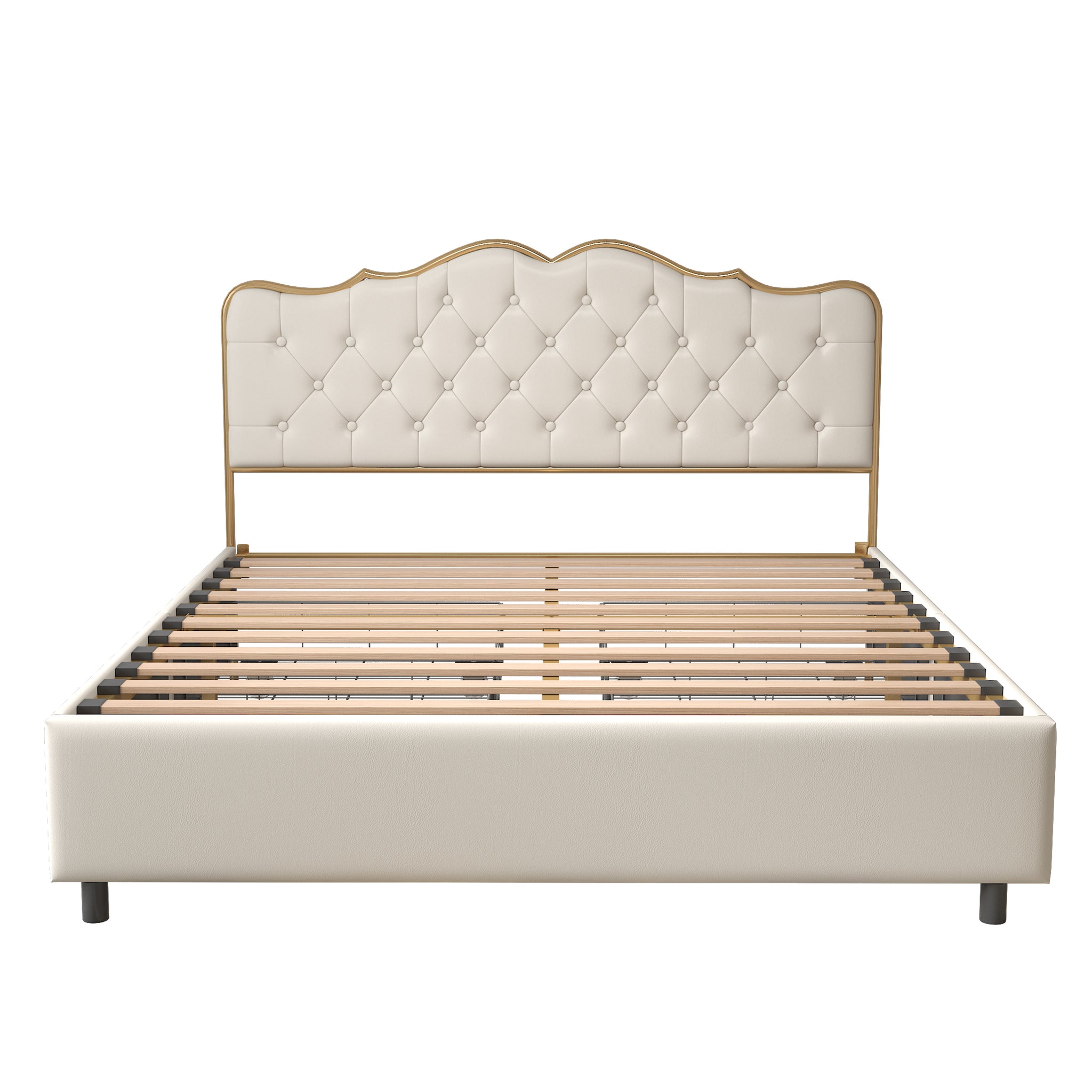 Royard Oaktree Metal Bed with Classic Button Tufted Upholstered Headboard and Footboard Modern Platform Beds Frame with Solid Wood Slats, No Box Spring Needed