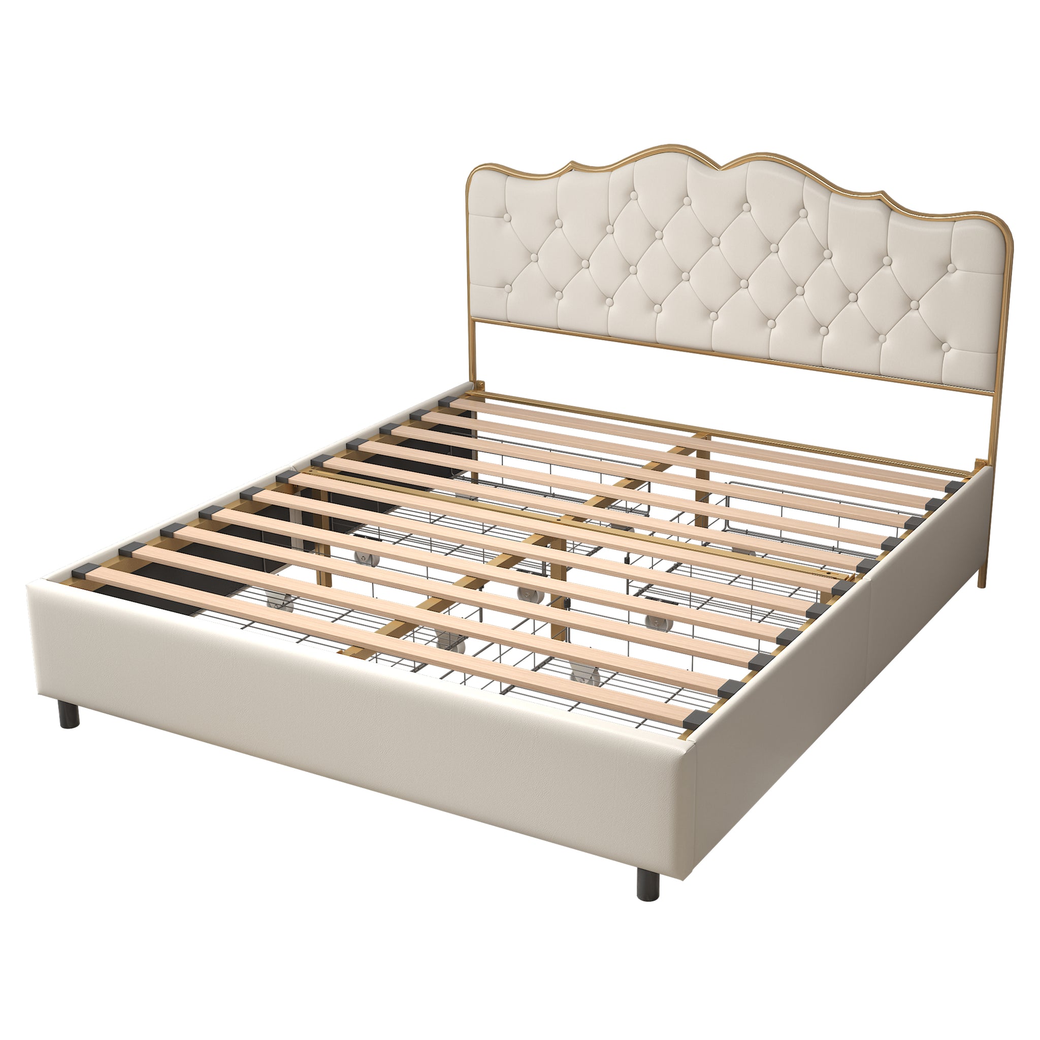 Royard Oaktree Metal Bed with Classic Button Tufted Upholstered Headboard and Footboard Modern Platform Beds Frame with Solid Wood Slats, No Box Spring Needed