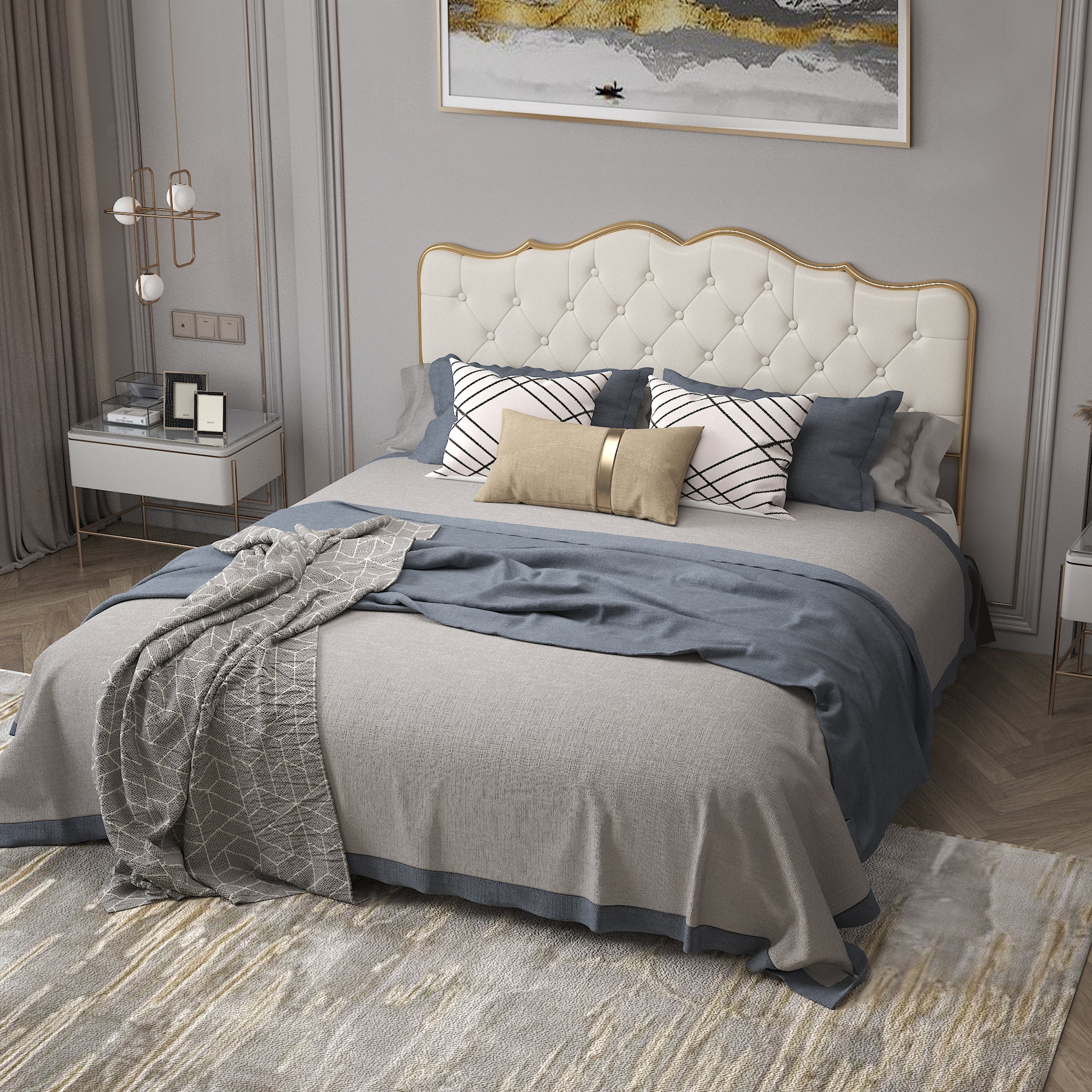 Royard Oaktree Metal Bed with Classic Button Tufted Upholstered Headboard and Footboard Modern Platform Beds Frame with Solid Wood Slats, No Box Spring Needed