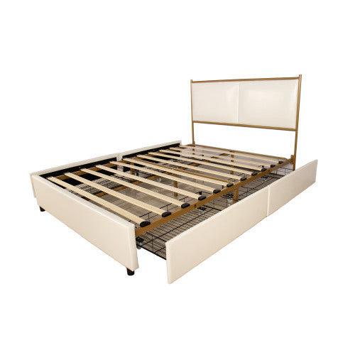 Royard Oaktree Metal Bed Frame with Classic Square Upholstered Headboard and Footboard Modern Platform Beds with Gold Frame and Four Storage Drawers, No Box Spring Needed